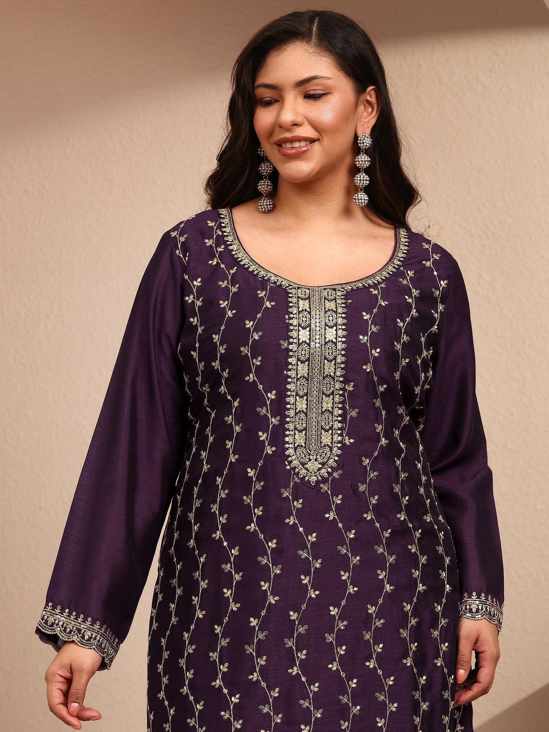  Plus Size Burgundy Embroidered Plus Size Clothing Silk Blend Straight Suit Set With Dupatta 