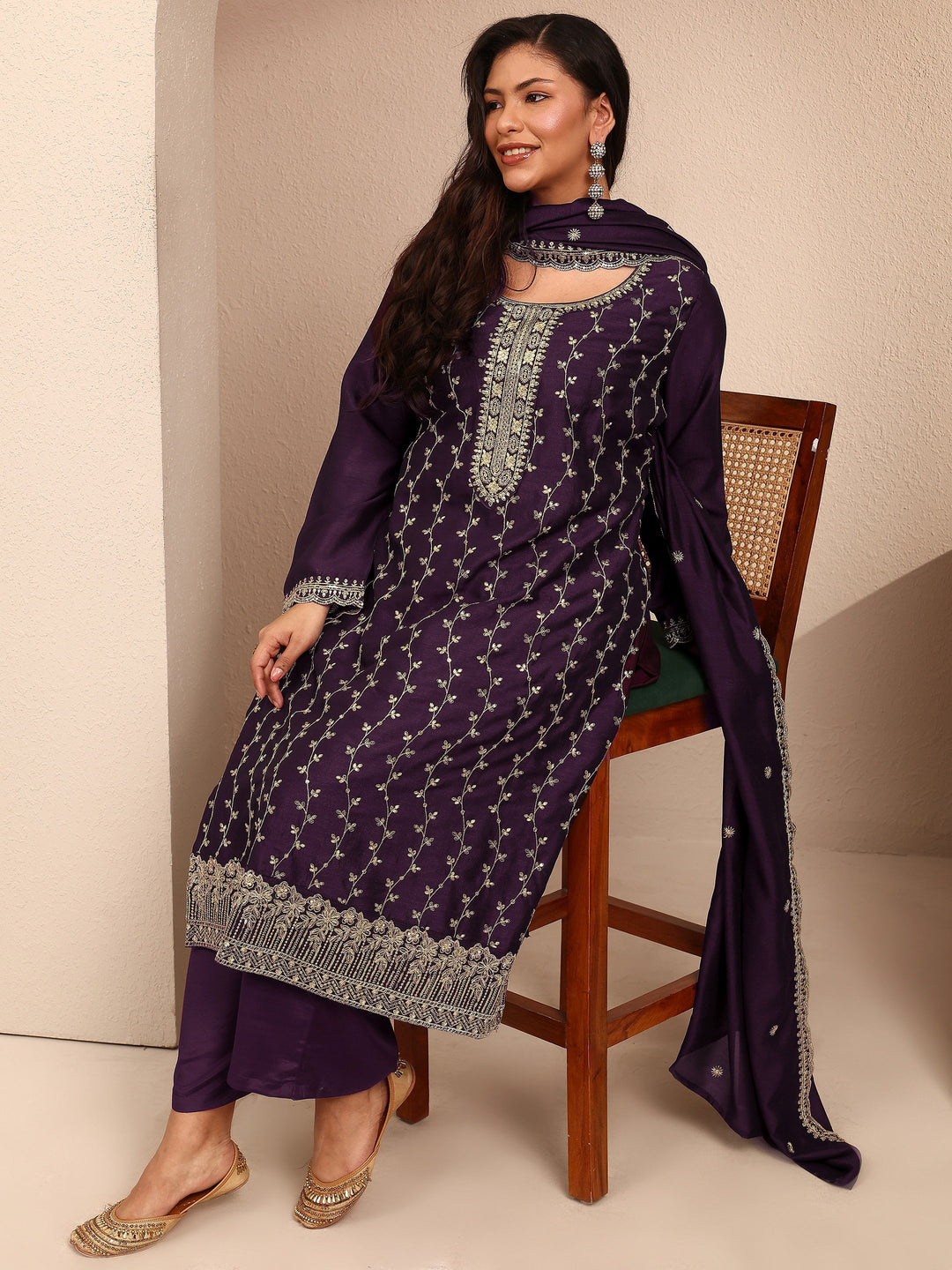  Plus Size Burgundy Embroidered Plus Size Clothing Silk Blend Straight Suit Set With Dupatta 