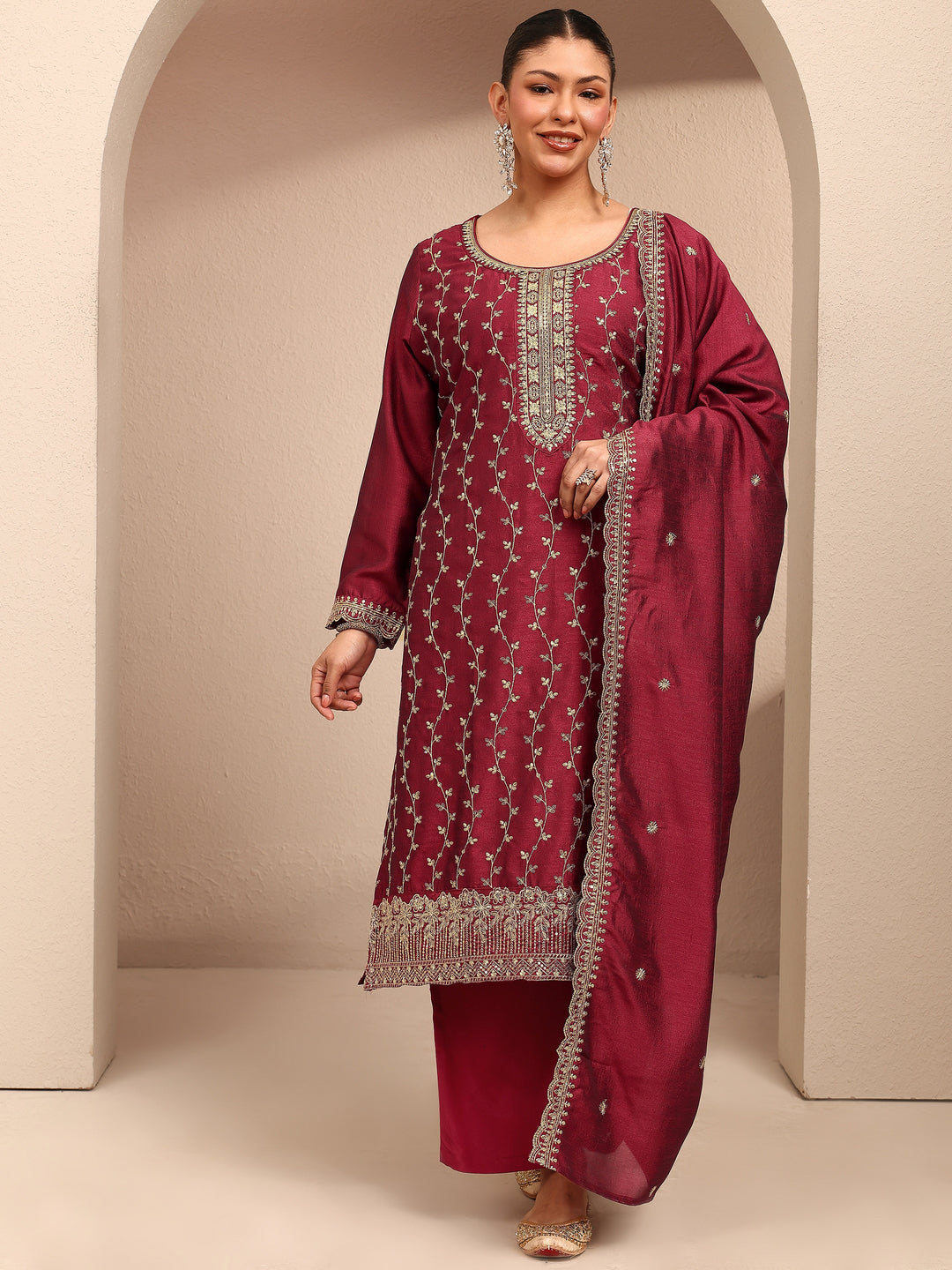  Plus Size Maroon Embroidered Silk Blend Straight Suit Set With Dupatta 