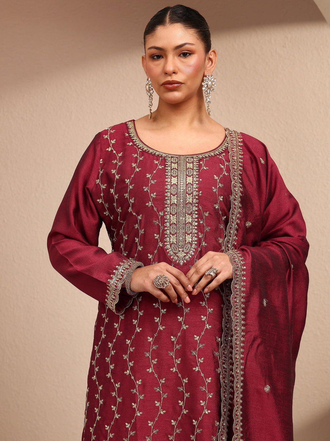  Plus Size Maroon Embroidered Silk Blend Straight Suit Set With Dupatta 
