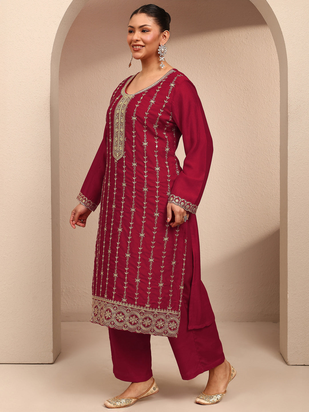  Plus Size Red Embroidered Plus Size Clothing Silk Blend Straight Suit Set With Dupatta 