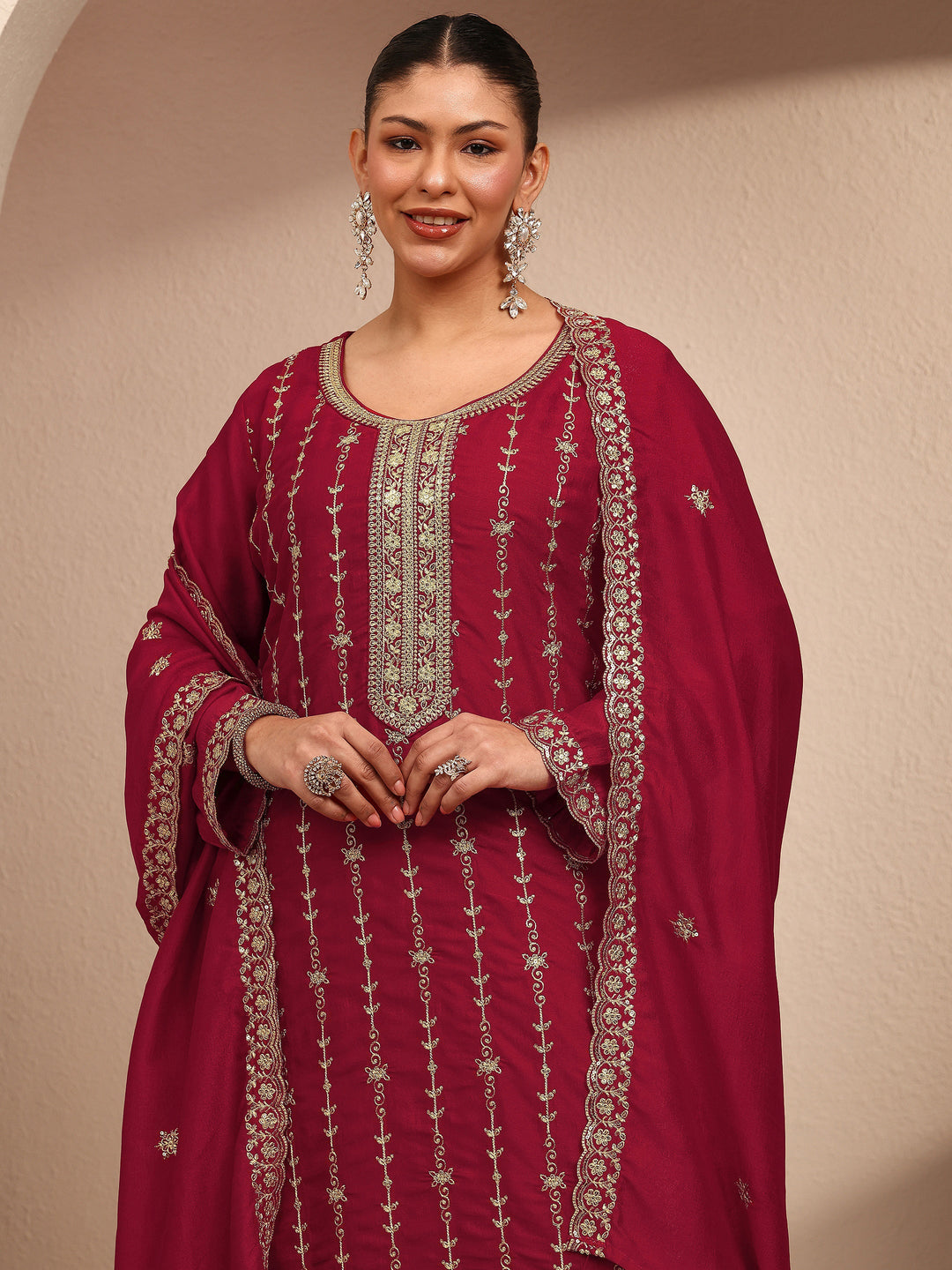  Plus Size Red Embroidered Plus Size Clothing Silk Blend Straight Suit Set With Dupatta 