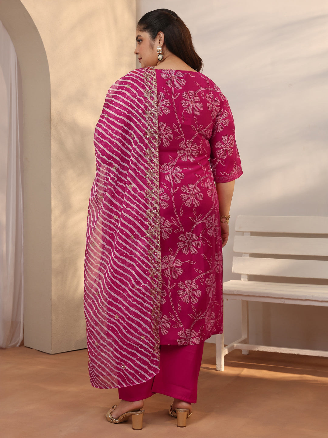  Plus Size Pink Printed Silk blend A-line Suit Set With Dupatta 