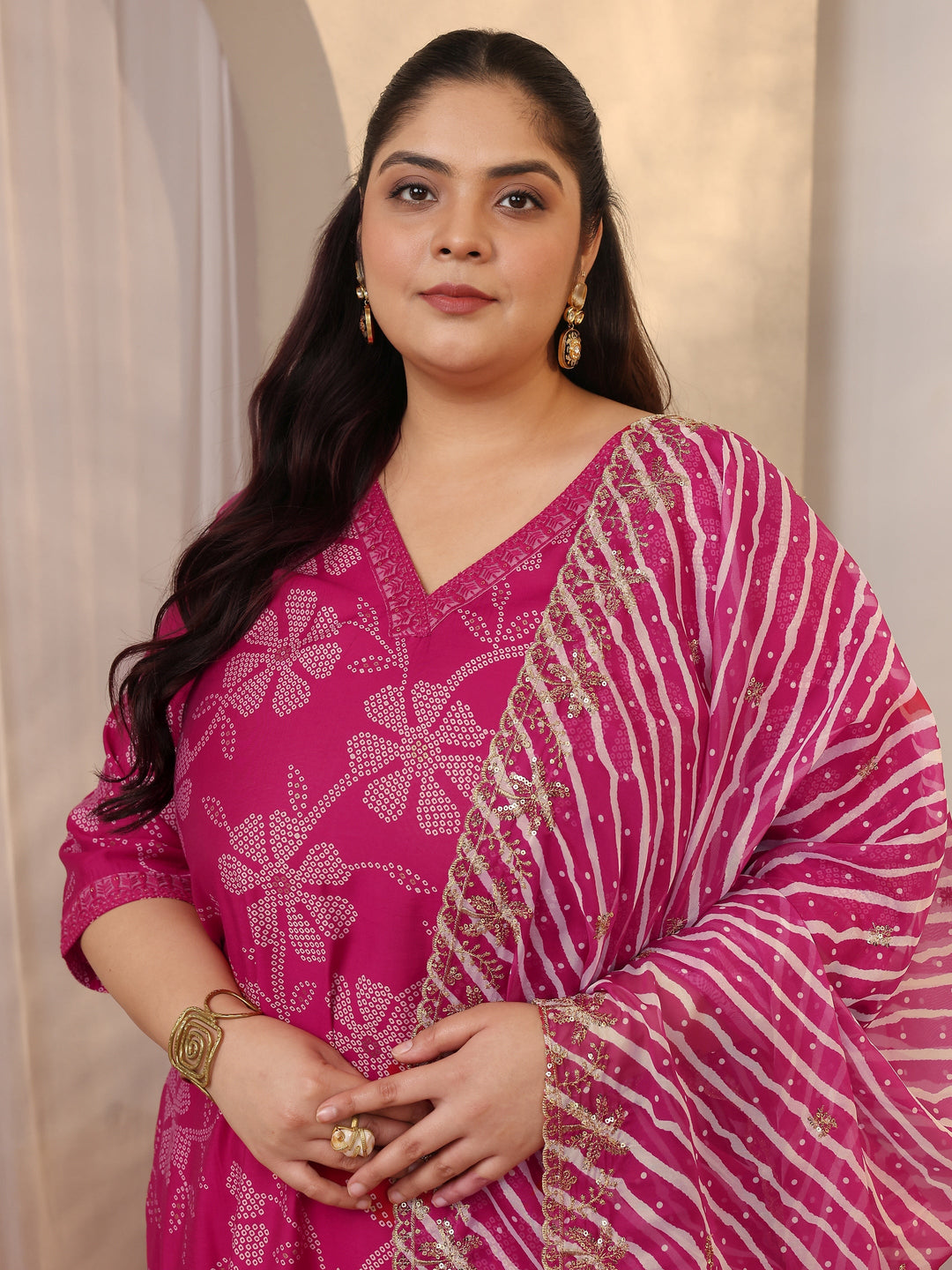  Plus Size Pink Printed Silk blend A-line Suit Set With Dupatta 
