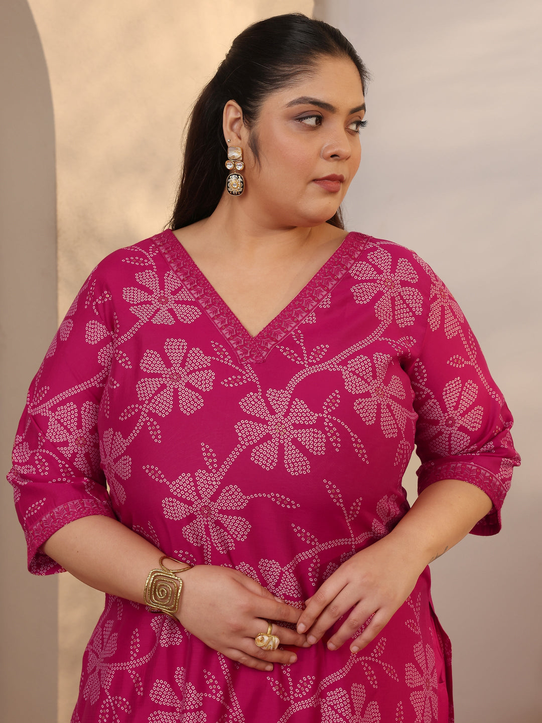  Plus Size Pink Printed Silk blend A-line Suit Set With Dupatta 
