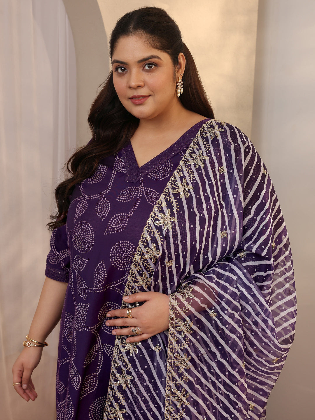  Plus Size Purple Bandhani Printed Silk blend Straight Suit Set With Dupatta 