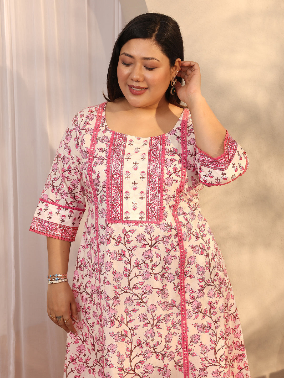  Plus Size Peach Printed Cotton A-line Suit Set With Dupatta 