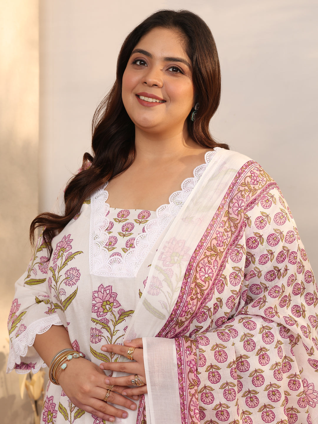  Plus Size Off white Printed Cotton Straight Suit Set With Dupatta 