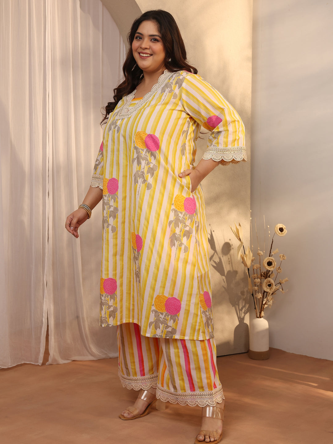  Plus Size Yellow Printed Cotton Straight Suit Set With Dupatta 