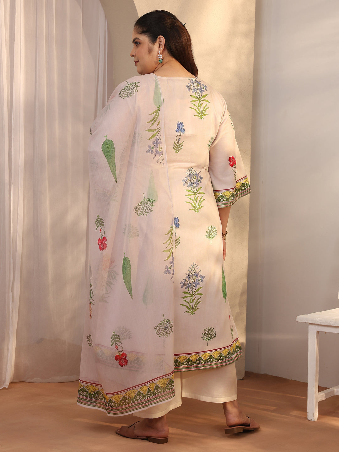  Plus Size White Printed Silk blend Straight Suit Set With Dupatta 