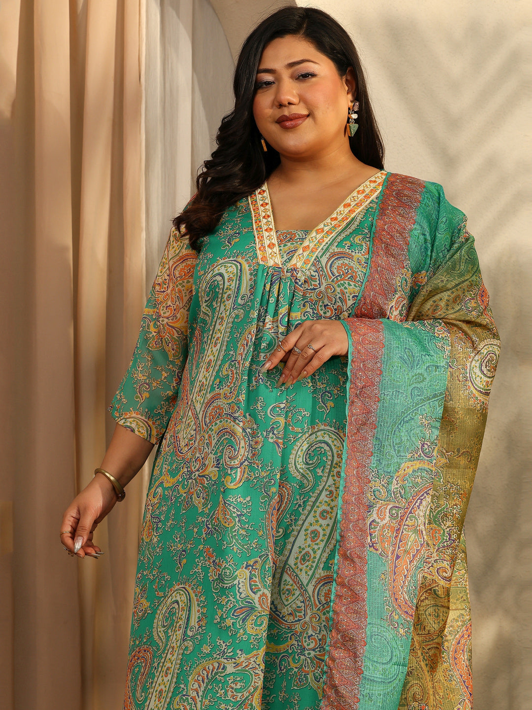  Plus Size Paisley Printed Chiffon A-Line Suit Set With Dupatta 