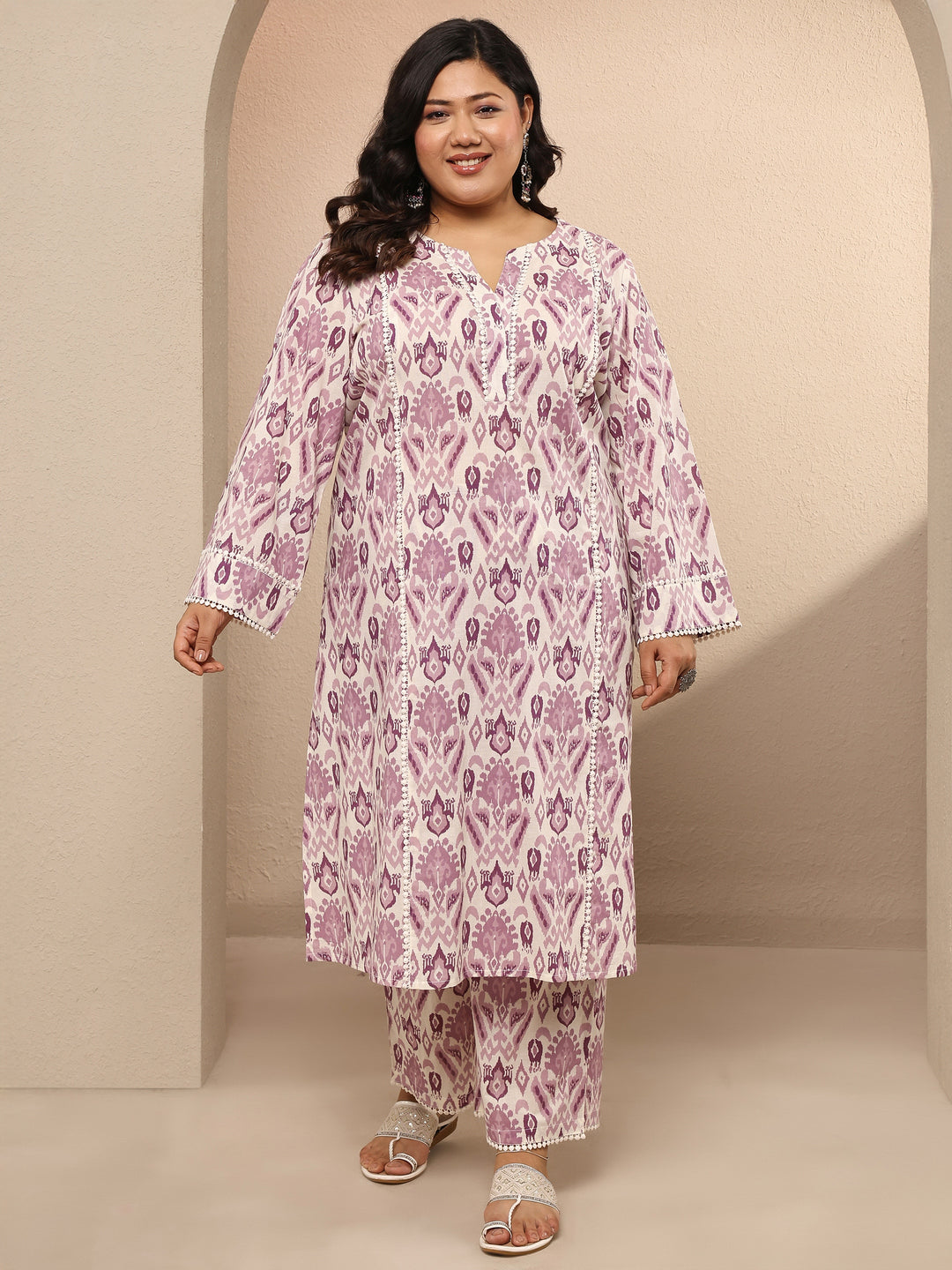  Plus Size Purple Printed Cotton Straight Kurta Set 