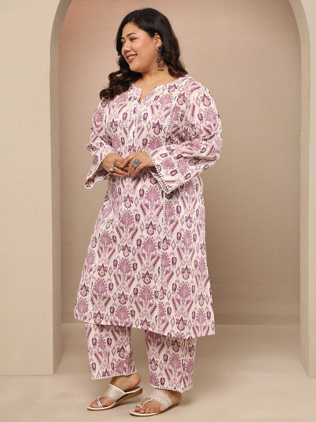  Plus Size Purple Printed Cotton Straight Kurta Set 