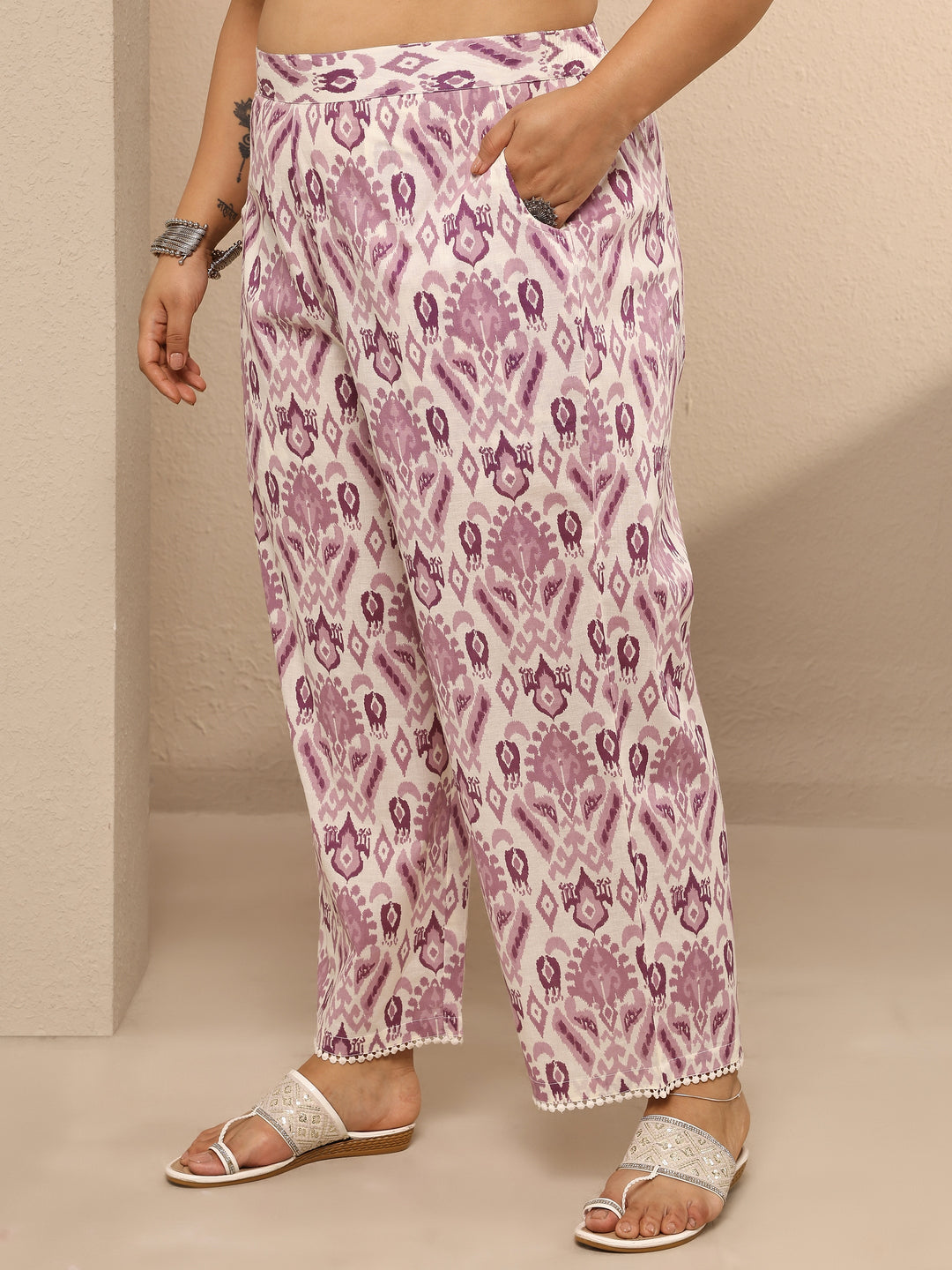  Plus Size Purple Printed Cotton Straight Kurta Set 