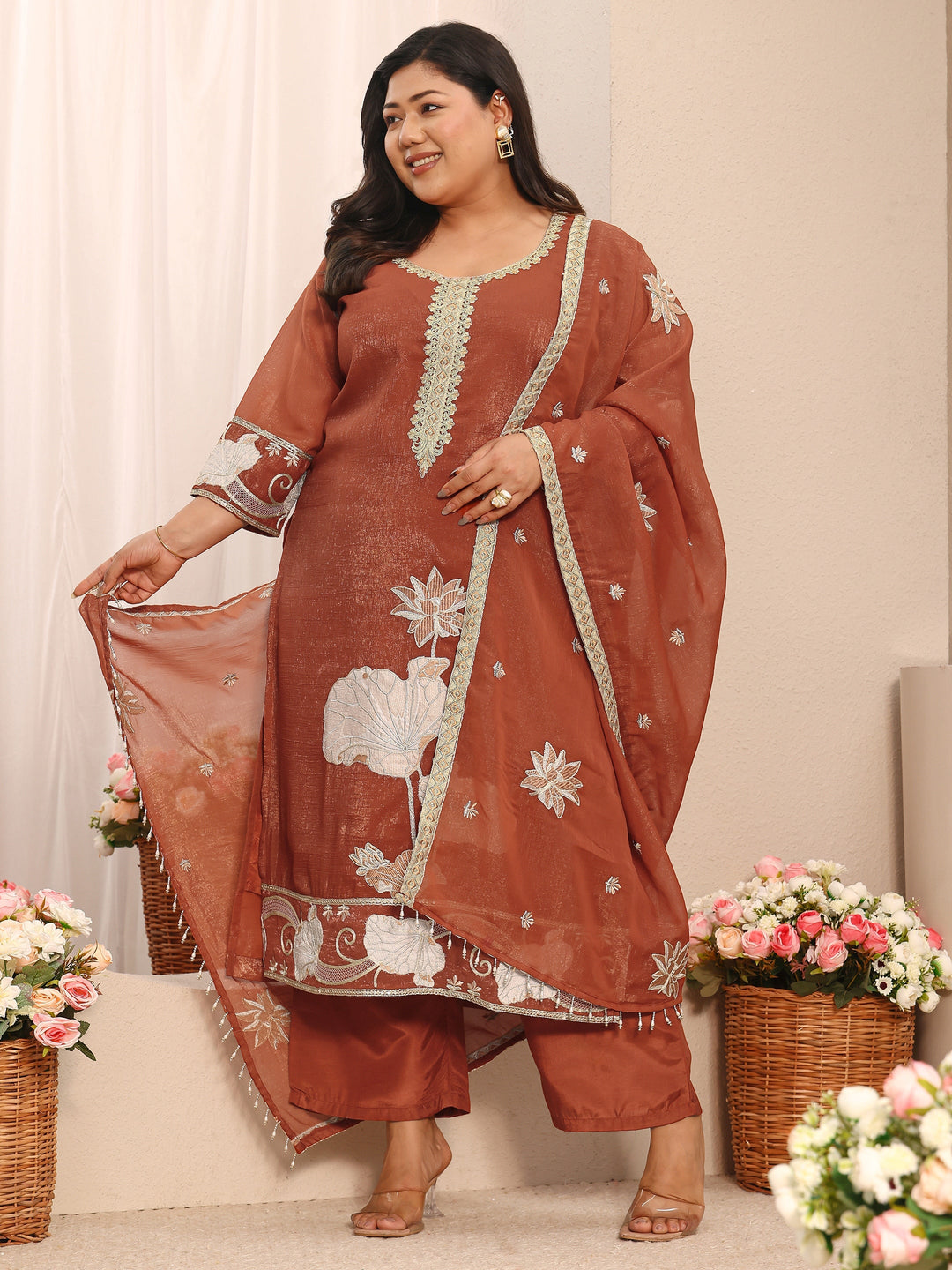  Plus Size Floral Embroidered Chinon Straight Suit Set With Dupatta 