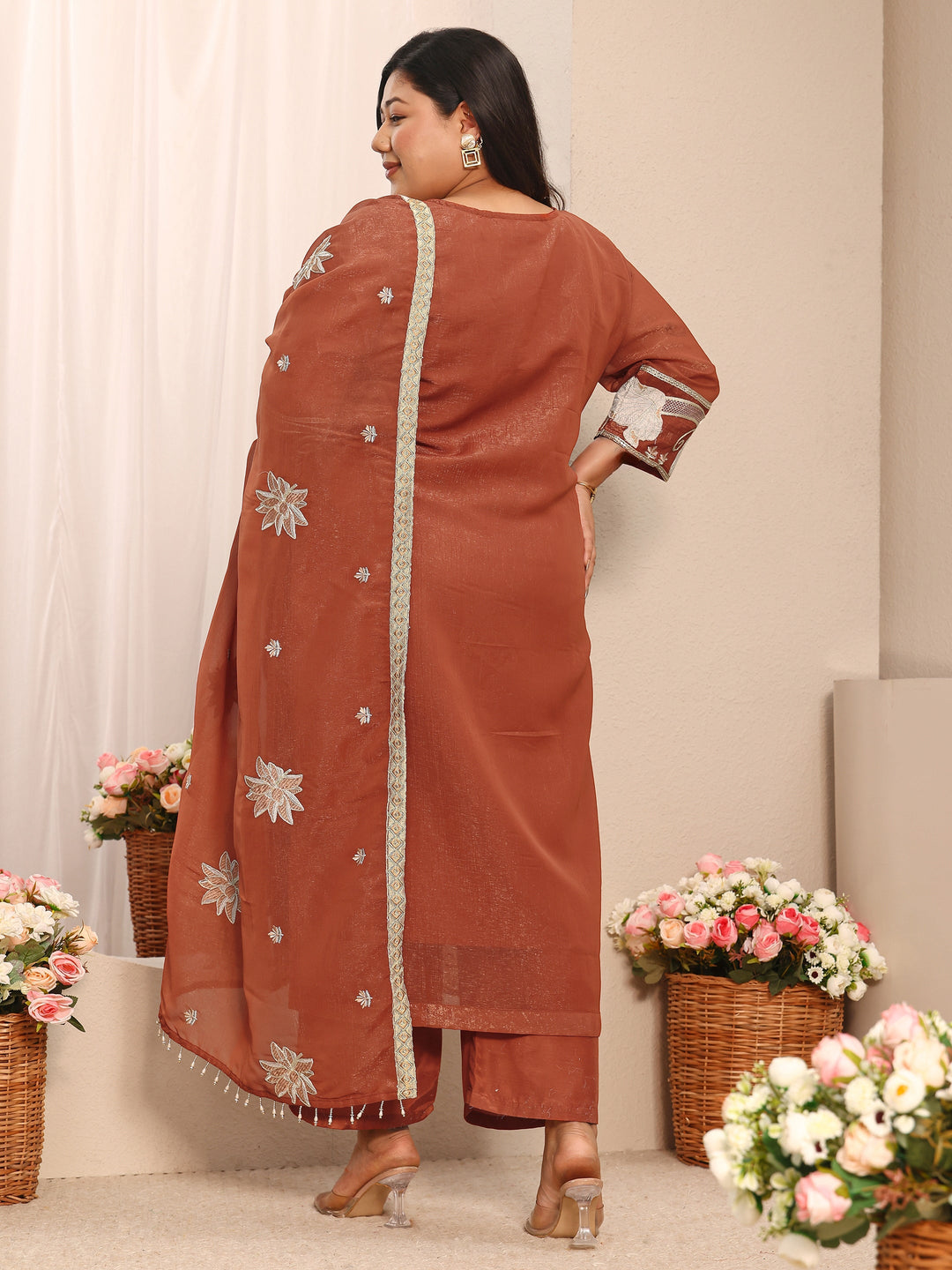  Plus Size Floral Embroidered Chinon Straight Suit Set With Dupatta 