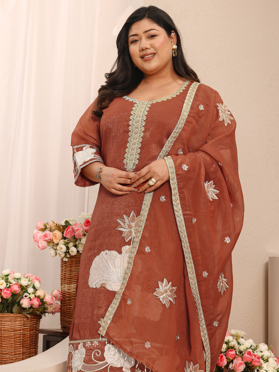  Plus Size Floral Embroidered Chinon Straight Suit Set With Dupatta 