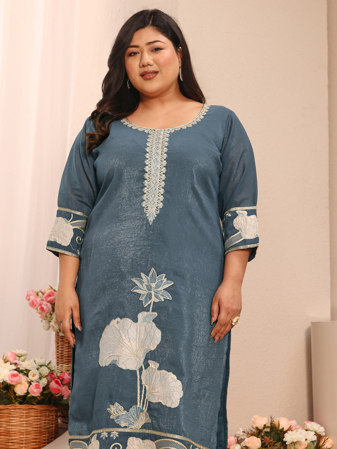  Plus Size Blue Embroidered Chinon Straight Suit Set With Dupatta 