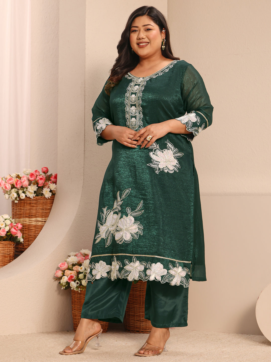  Plus Size Green Embroidered Chinon Straight Suit Set With Dupatta 