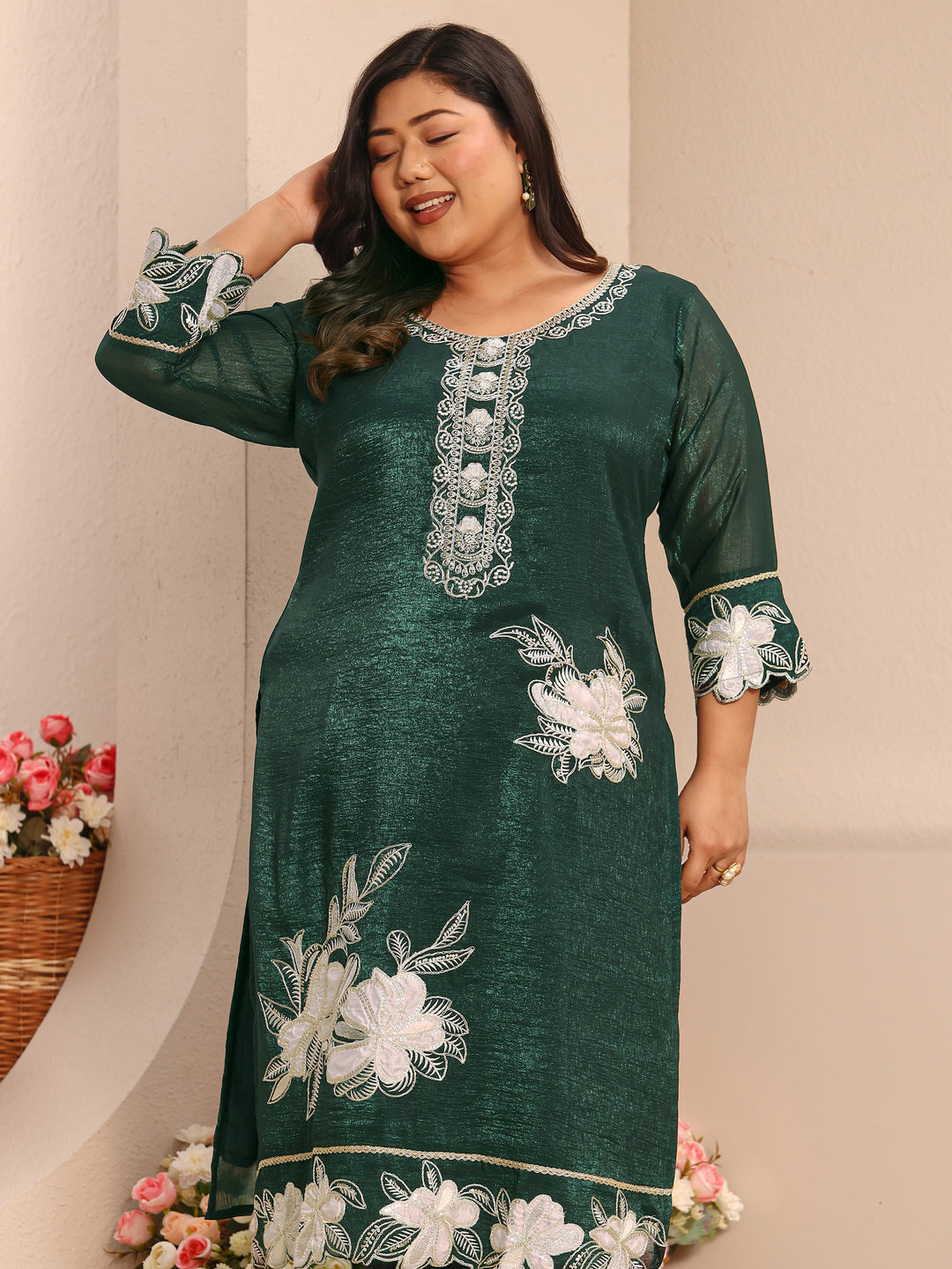  Plus Size Green Embroidered Chinon Straight Suit Set With Dupatta 
