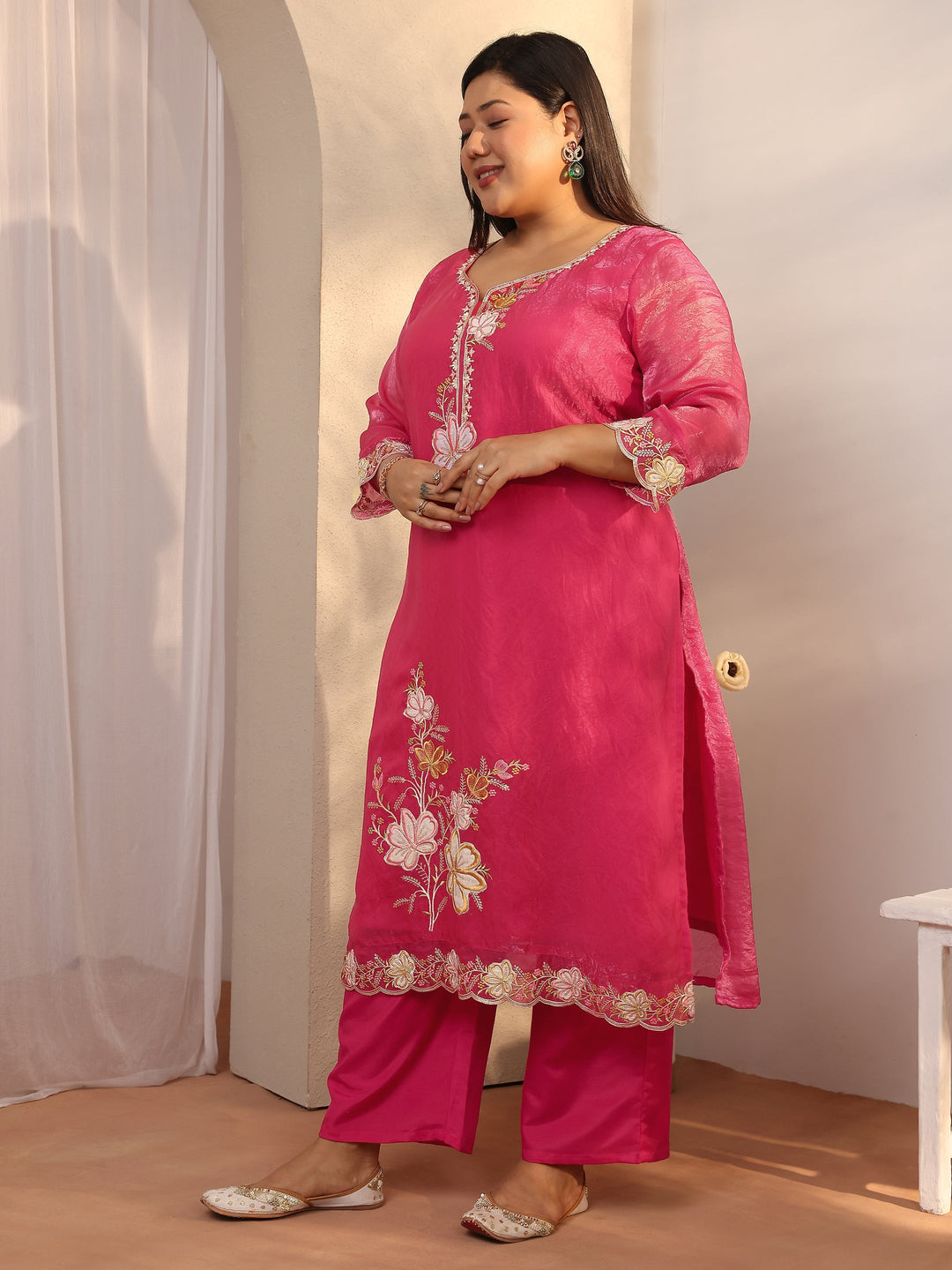  Plus Size Pink Embroidered Organza Straight Suit Set With Dupatta 
