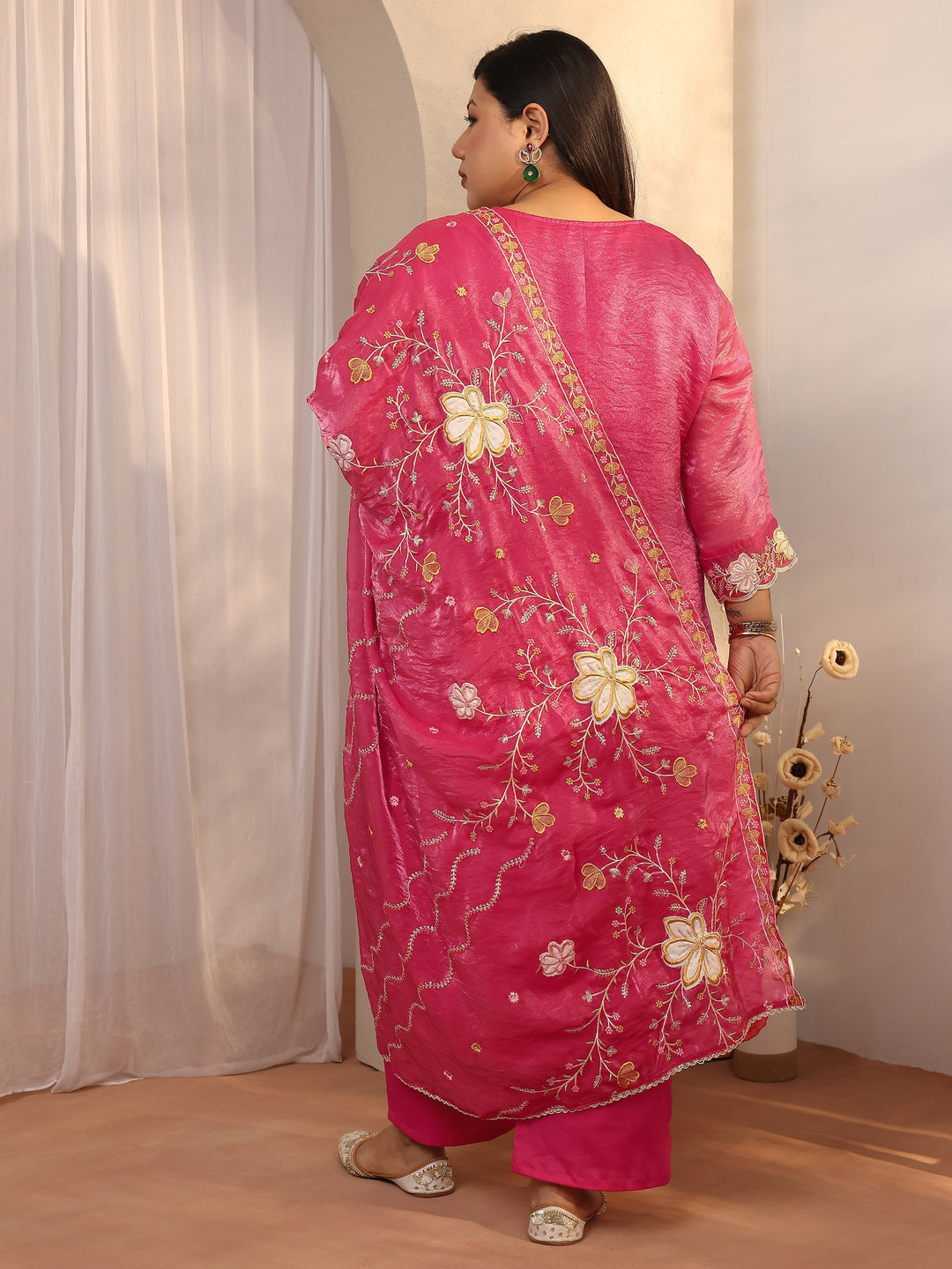  Plus Size Pink Embroidered Organza Straight Suit Set With Dupatta 