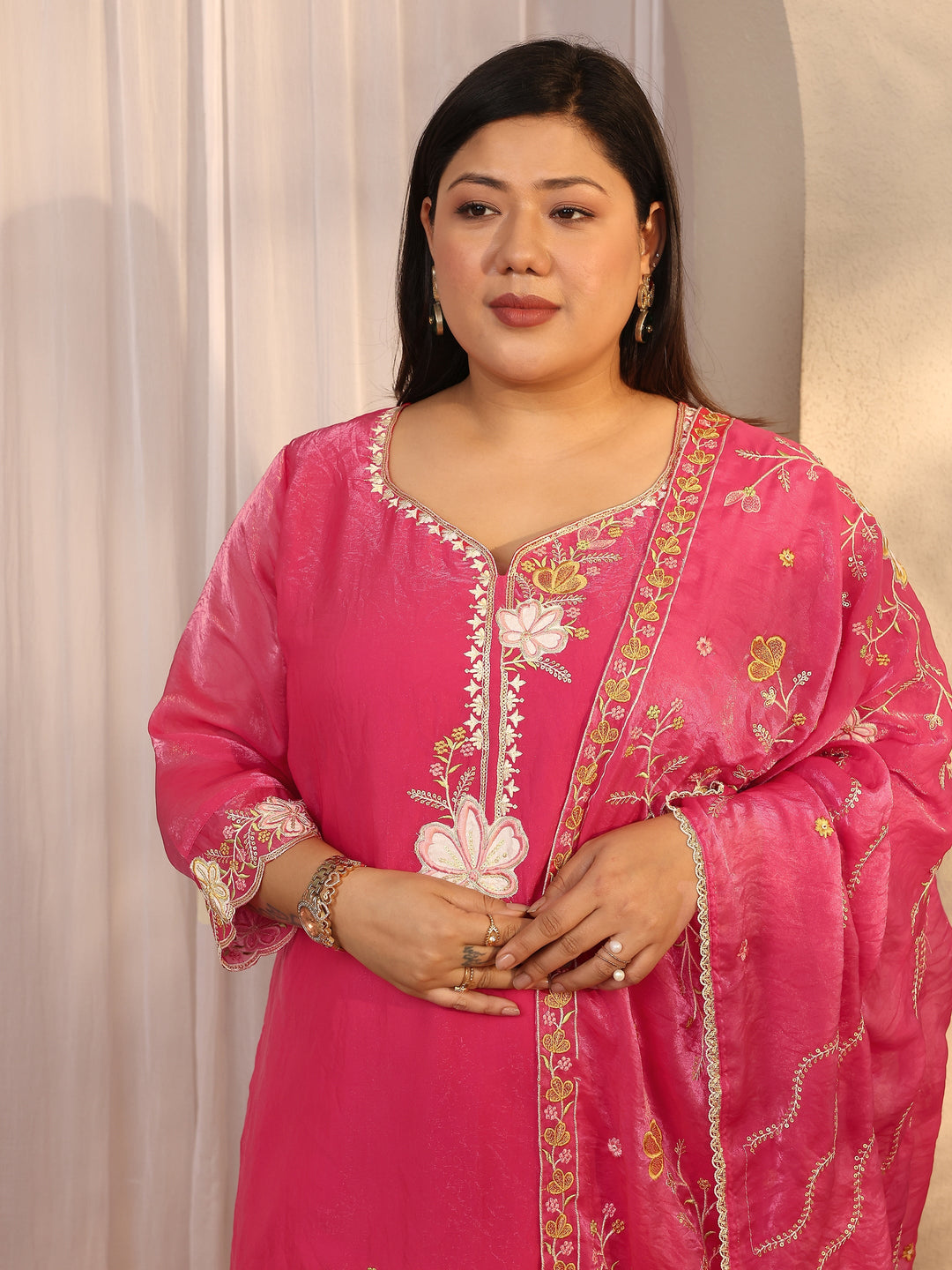  Plus Size Pink Embroidered Organza Straight Suit Set With Dupatta 