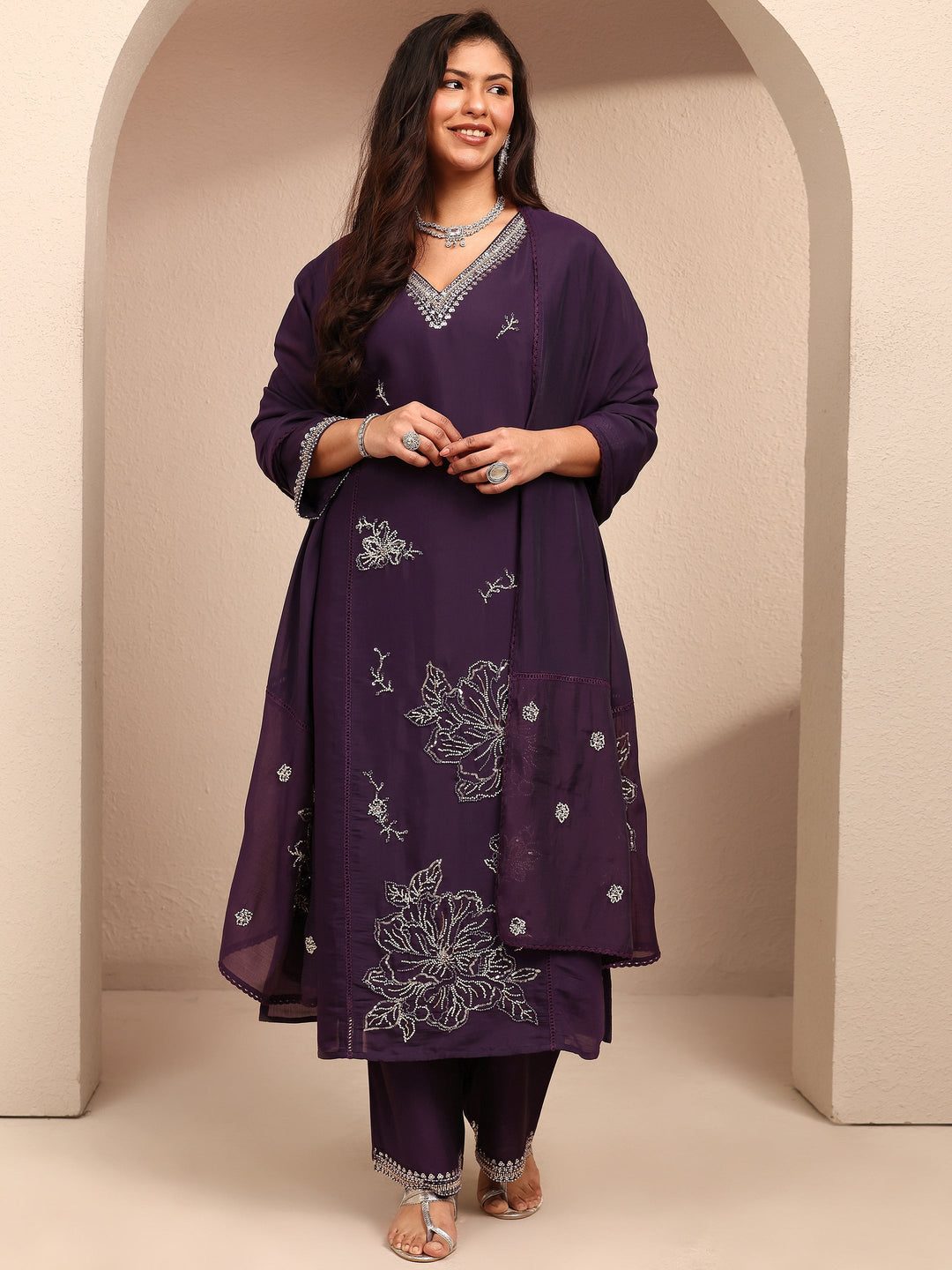  Plus Size Burgundy Embroidered Plus Size Clothing Silk Blend Straight Suit Set With Dupatta 