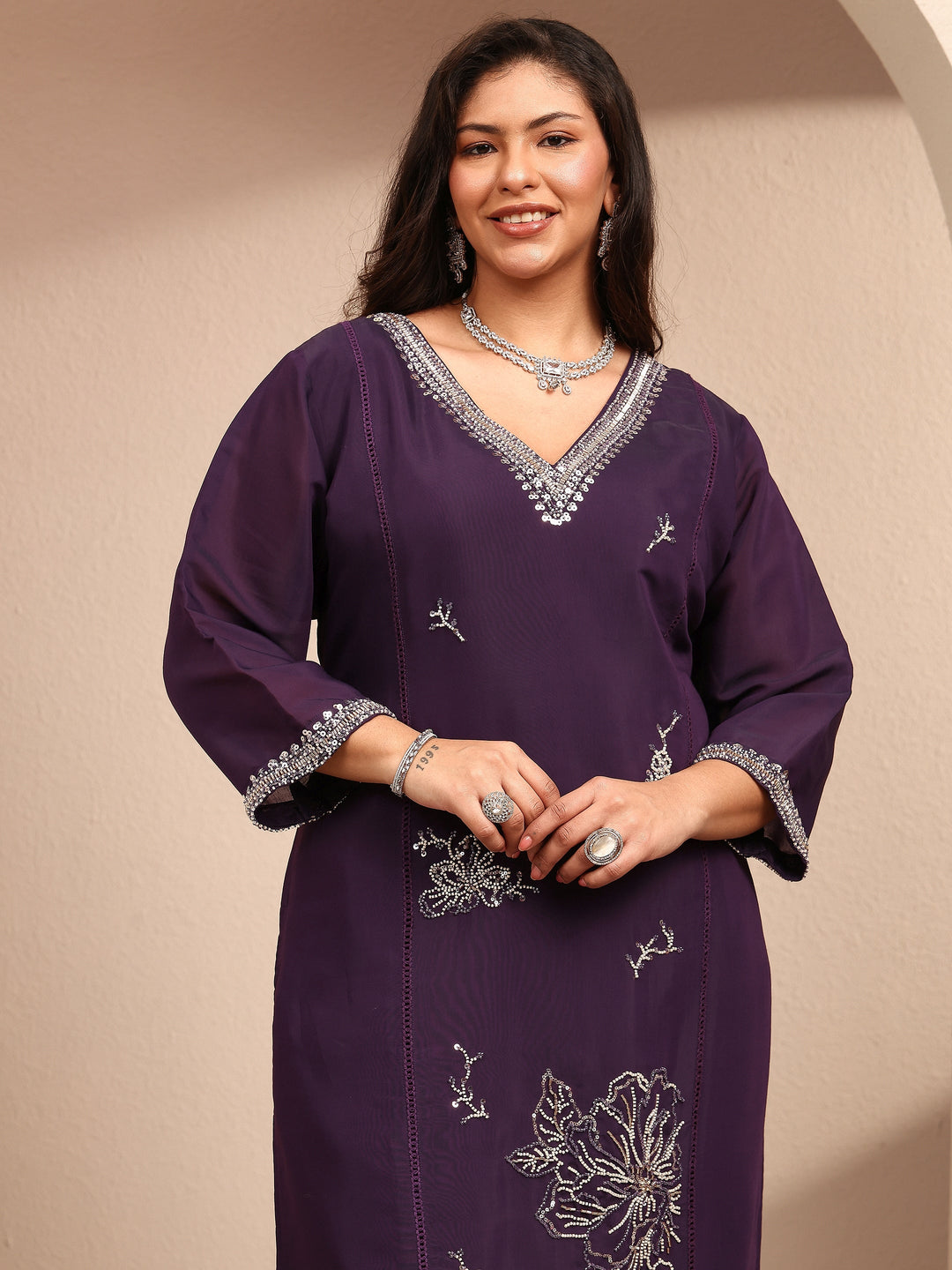  Plus Size Burgundy Embroidered Plus Size Clothing Silk Blend Straight Suit Set With Dupatta 