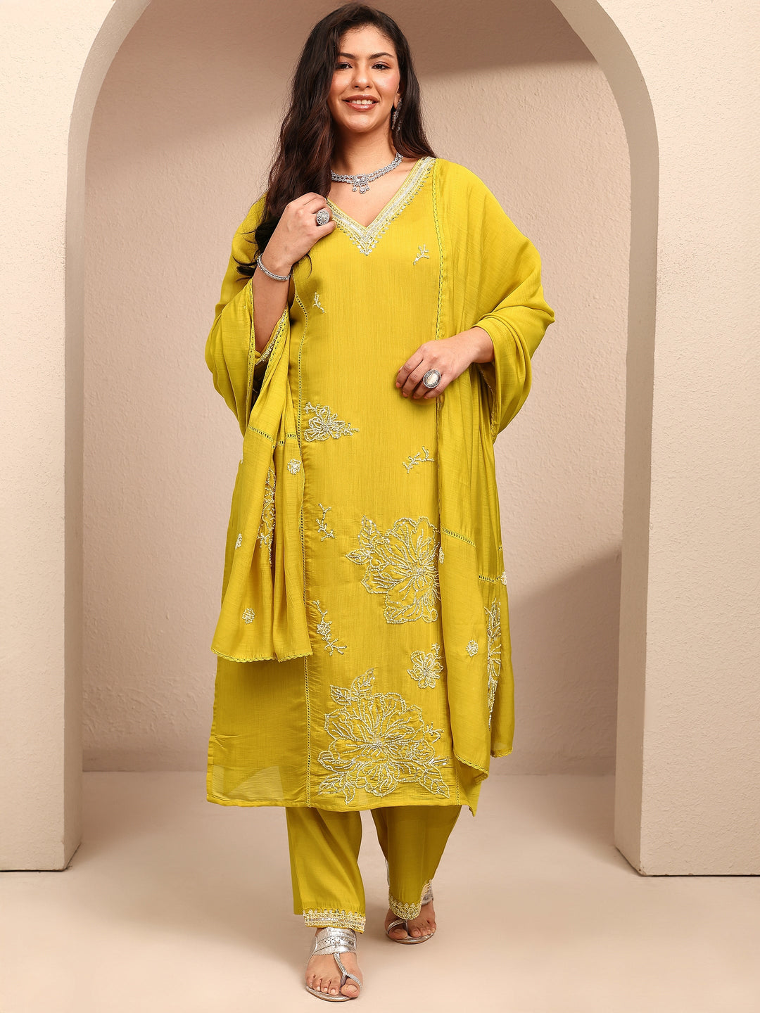  Plus Size Mustard Embroidered Plus Size Clothing Silk Blend Straight Suit Set With Dupatta 