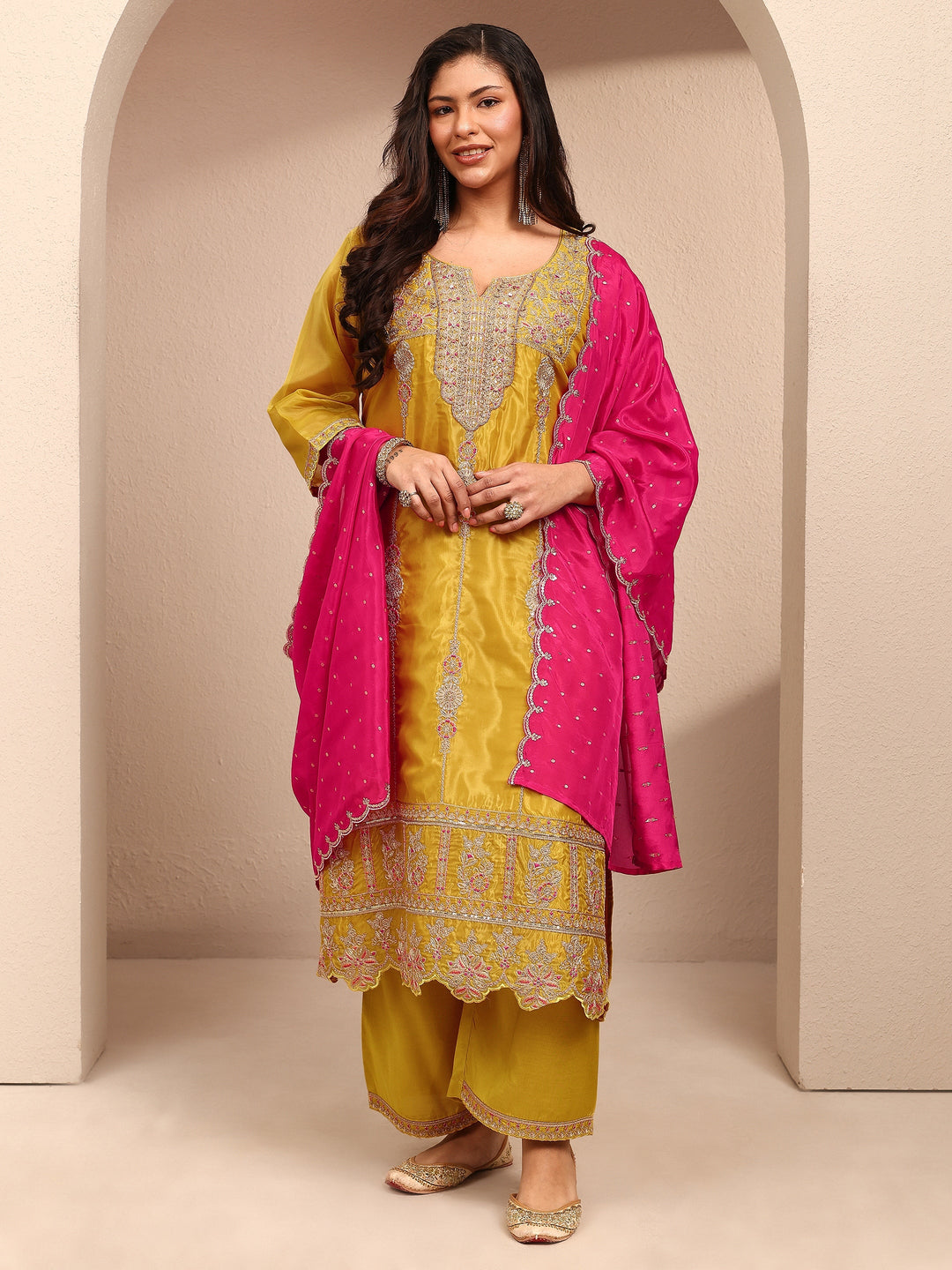  Plus Size Mustard Embroidered Plus Size Clothing Organza Straight Suit Set With Dupatta 
