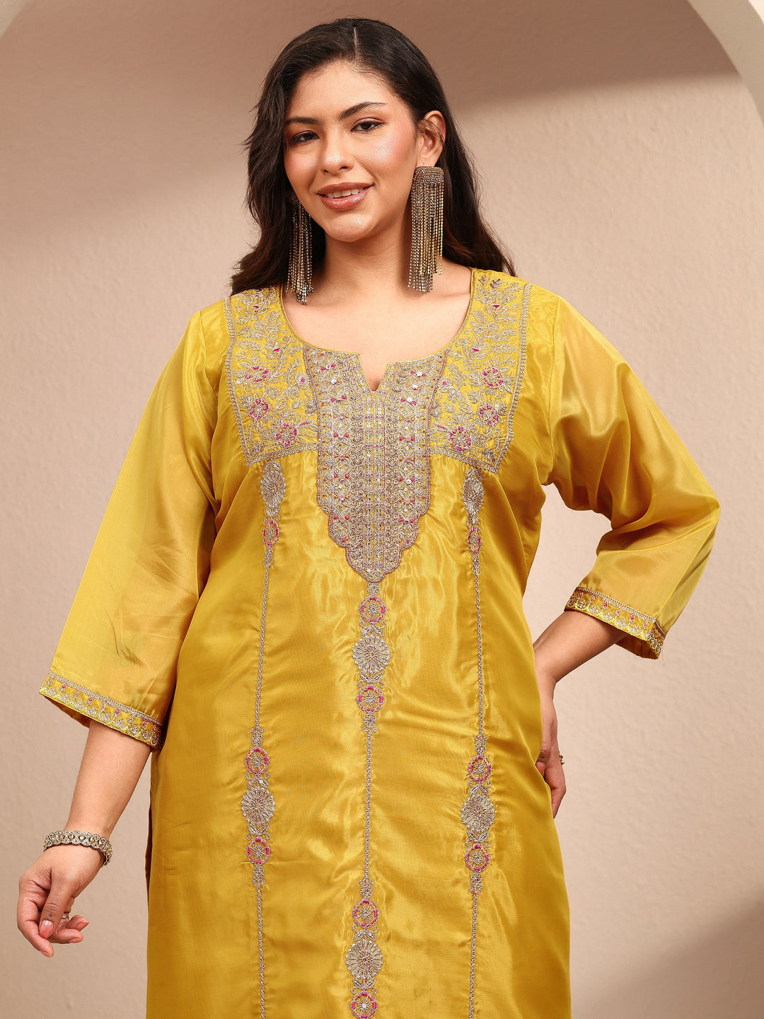  Plus Size Mustard Embroidered Plus Size Clothing Organza Straight Suit Set With Dupatta 