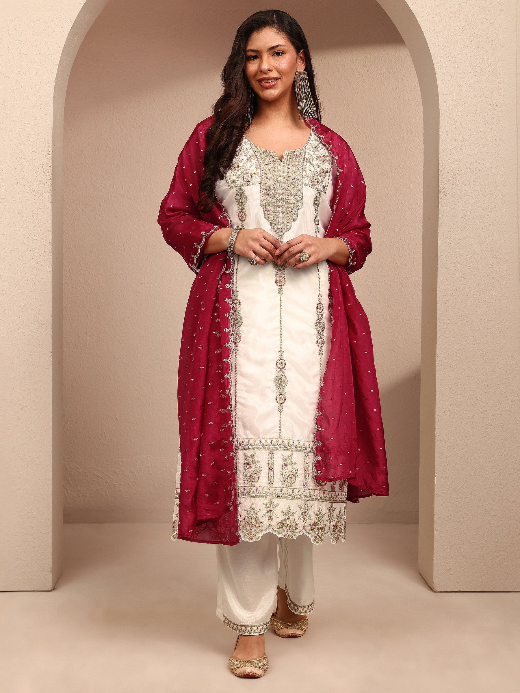 Beige Printed Silk Blend A-Line Kurti