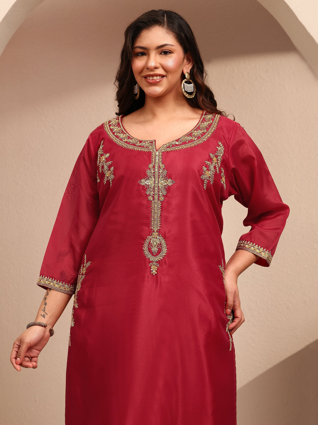  Plus Size Red Embroidered Plus Size Clothing Organza Straight Suit Set With Dupatta 