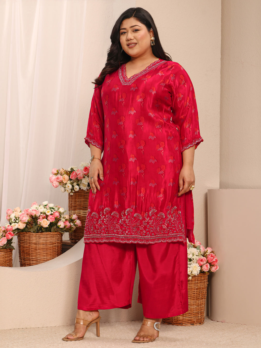  Plus Size Red Printed Crepe Straight Suit Set With Dupatta 