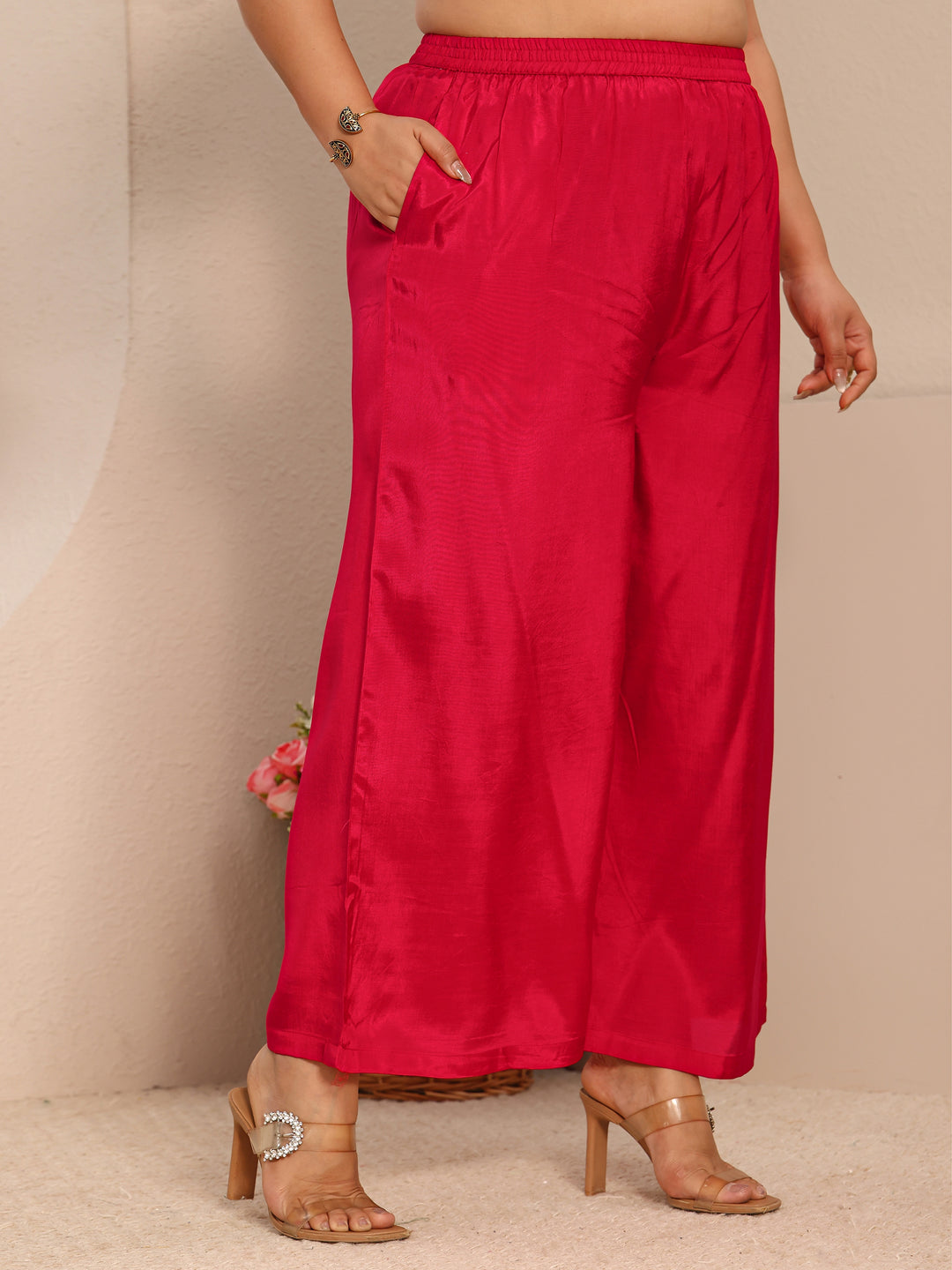  Plus Size Red Printed Crepe Straight Suit Set With Dupatta 