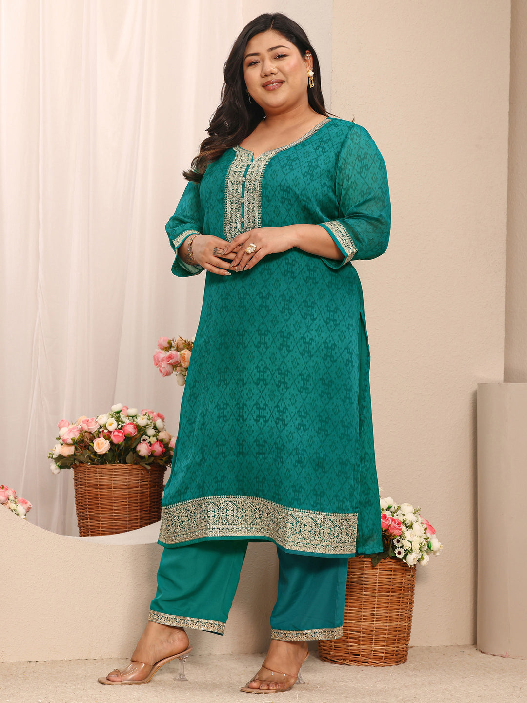  Plus Size Green Printed Chiffon Straight Suit Set With Dupatta 