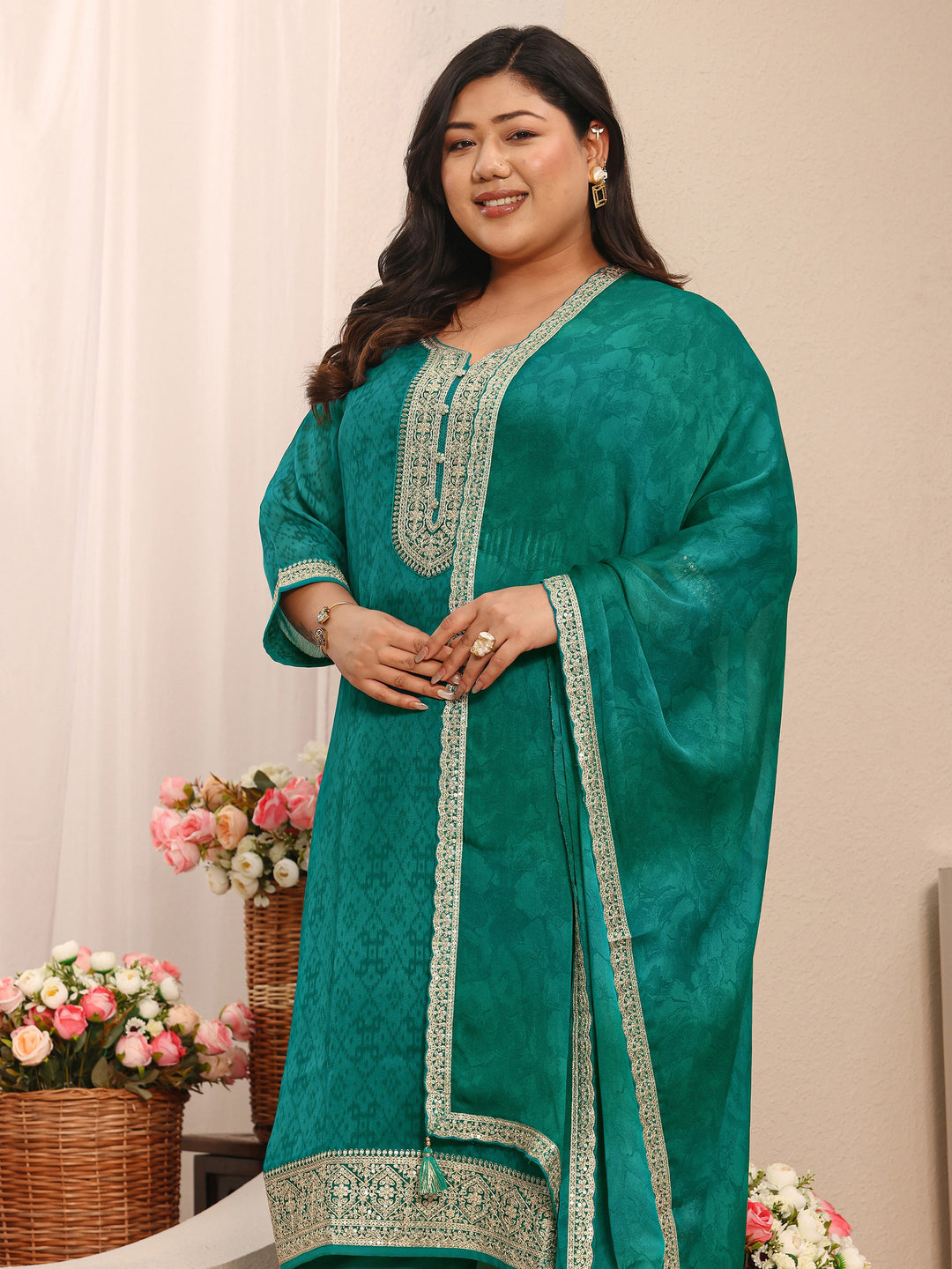 Plus Size Green Printed Chiffon Straight Suit Set With Dupatta 