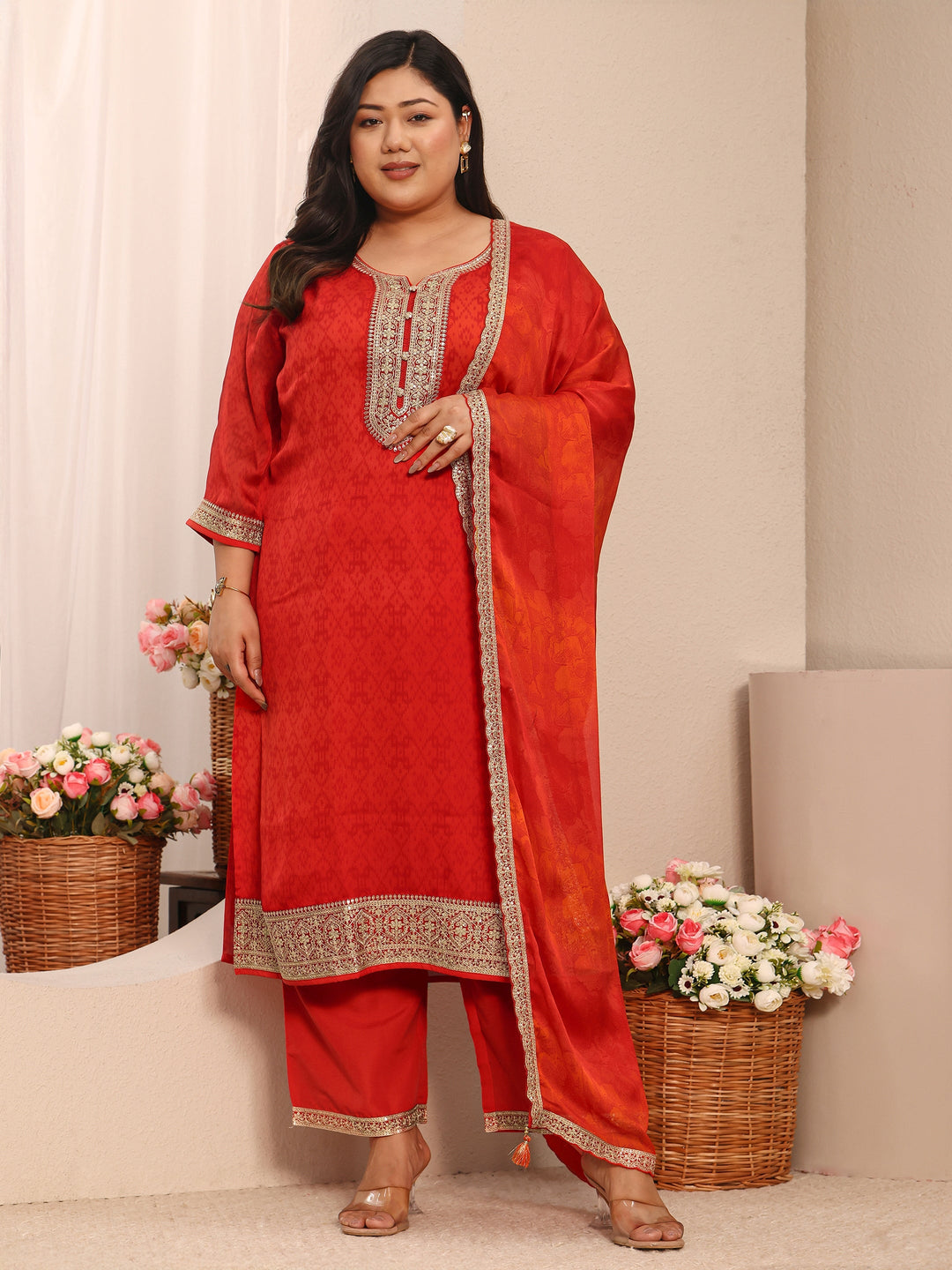  Plus Size Red Printed Chiffon Straight Suit Set With Dupatta 