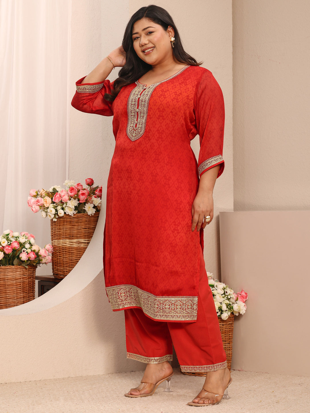  Plus Size Red Printed Chiffon Straight Suit Set With Dupatta 