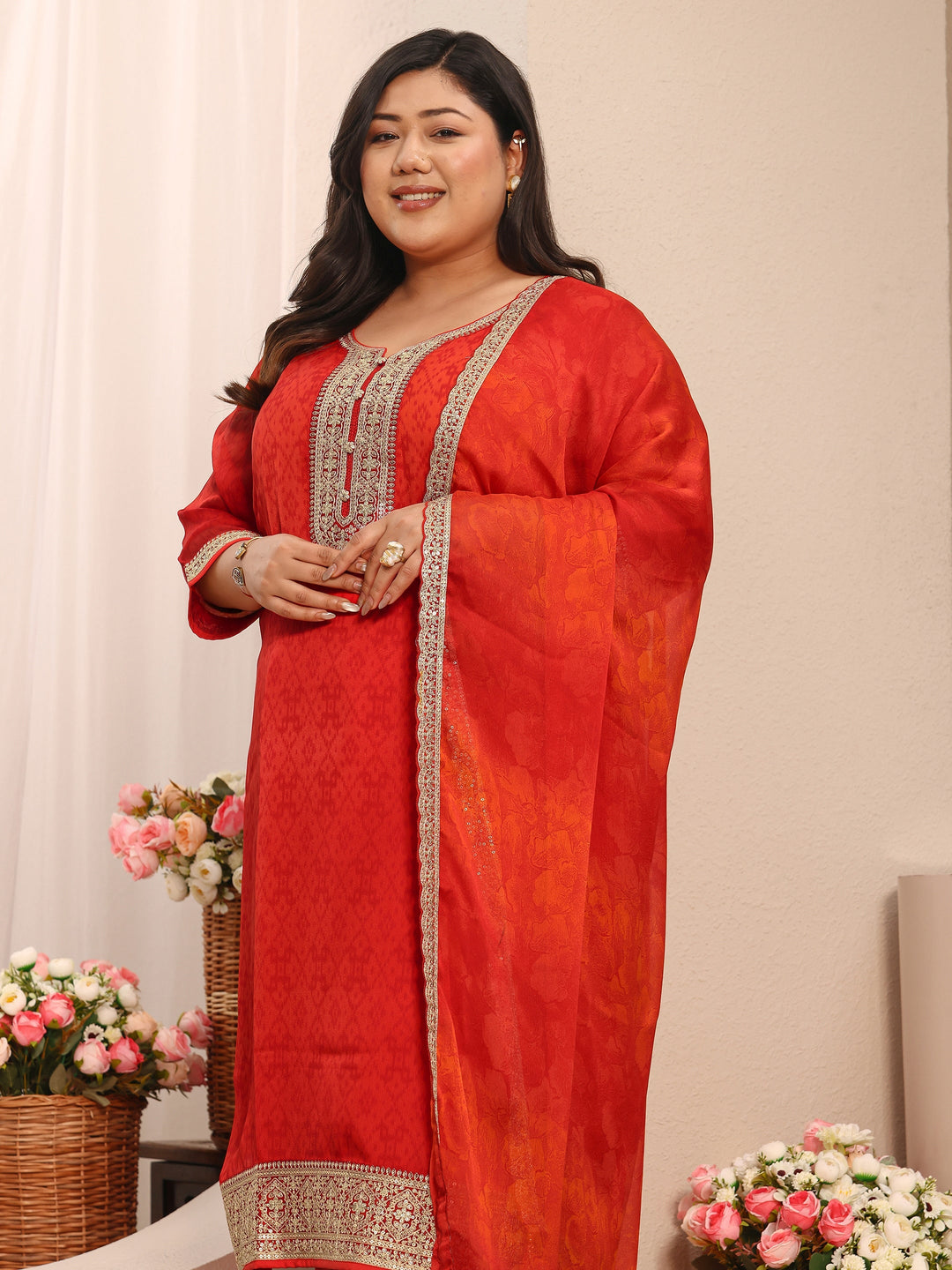  Plus Size Red Printed Chiffon Straight Suit Set With Dupatta 