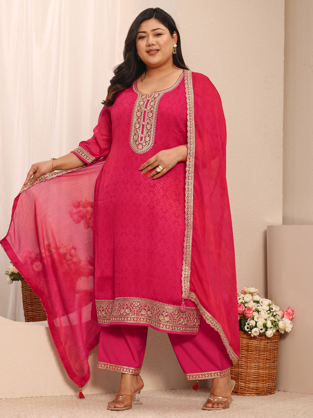  Plus Size Pink Printed Chiffon Straight Suit Set With Dupatta 