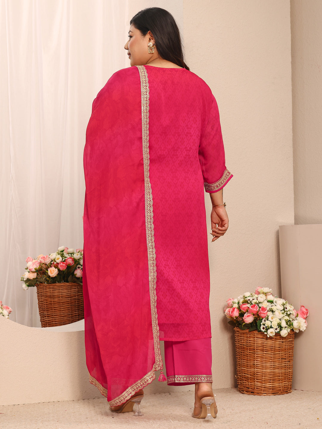  Plus Size Pink Printed Chiffon Straight Suit Set With Dupatta 