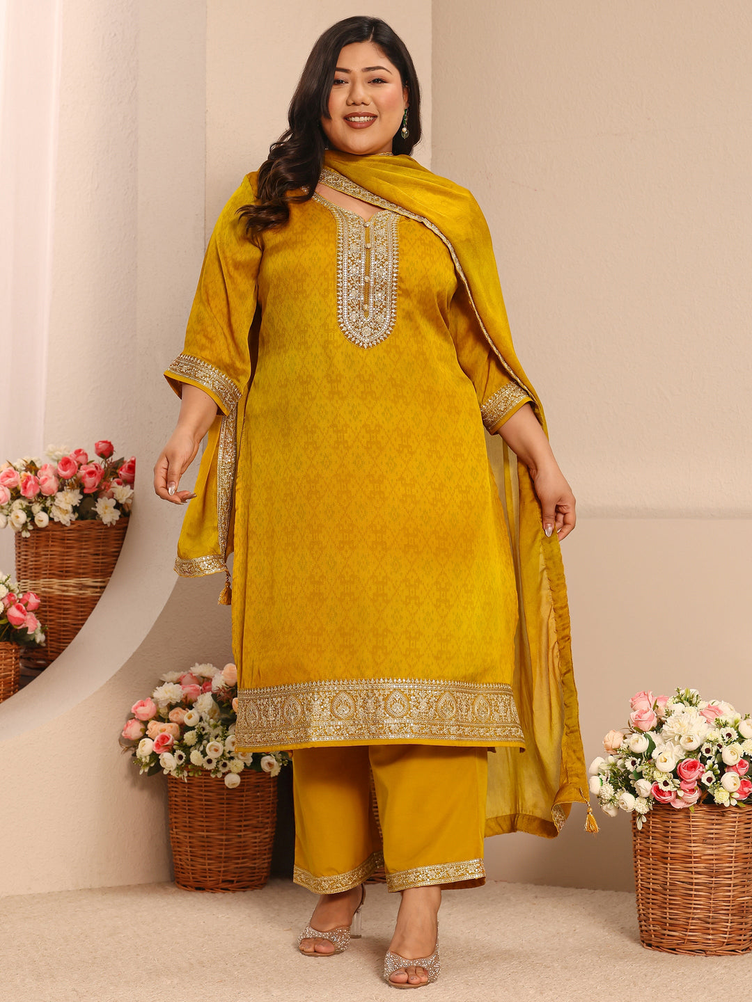  Plus Size Mustard Embroidered Chiffon Straight Suit Set With Dupatta 