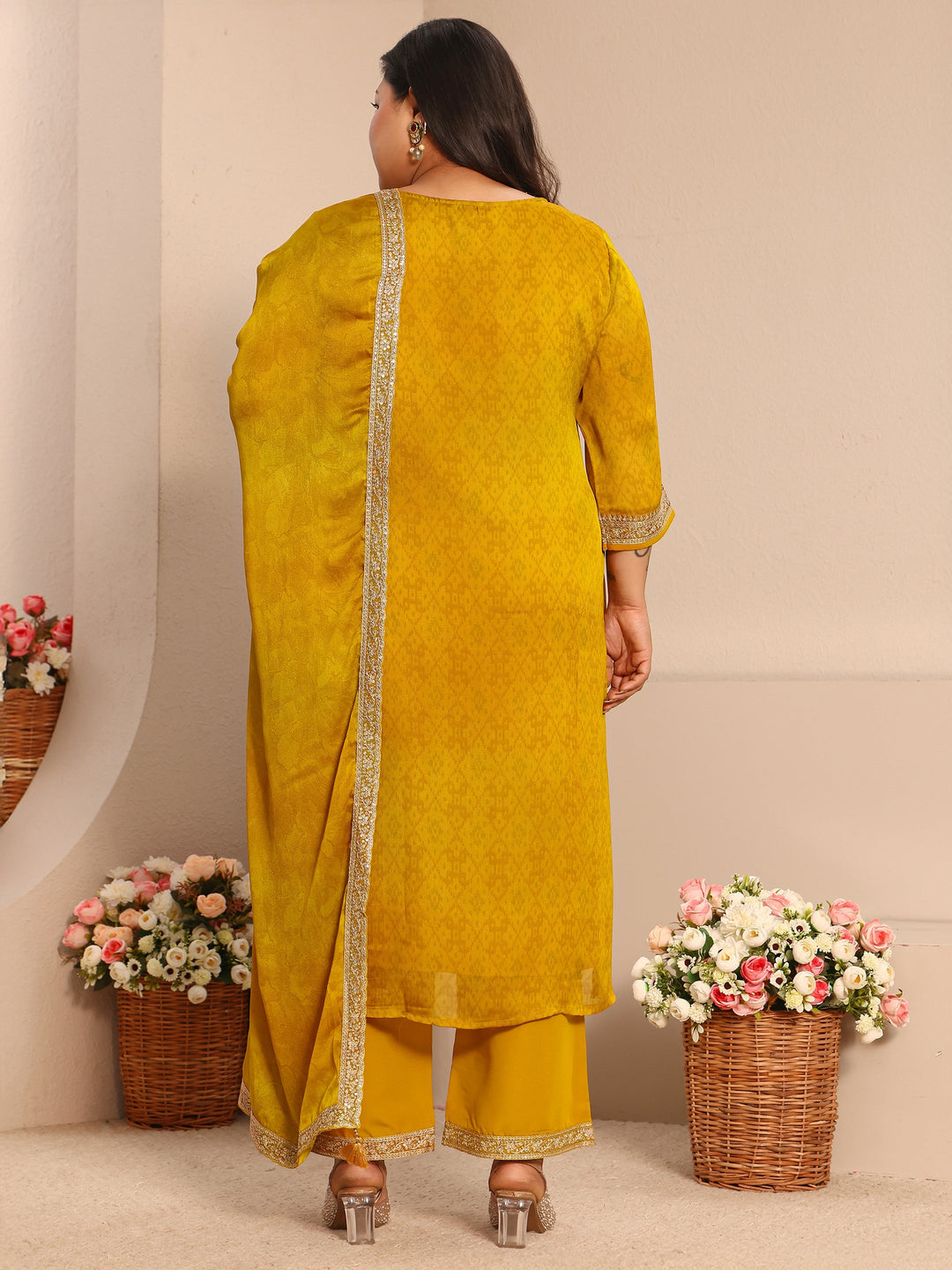  Plus Size Mustard Embroidered Chiffon Straight Suit Set With Dupatta 