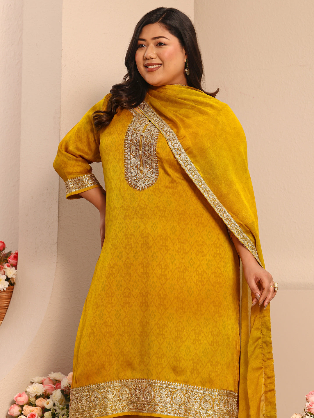  Plus Size Mustard Embroidered Chiffon Straight Suit Set With Dupatta 