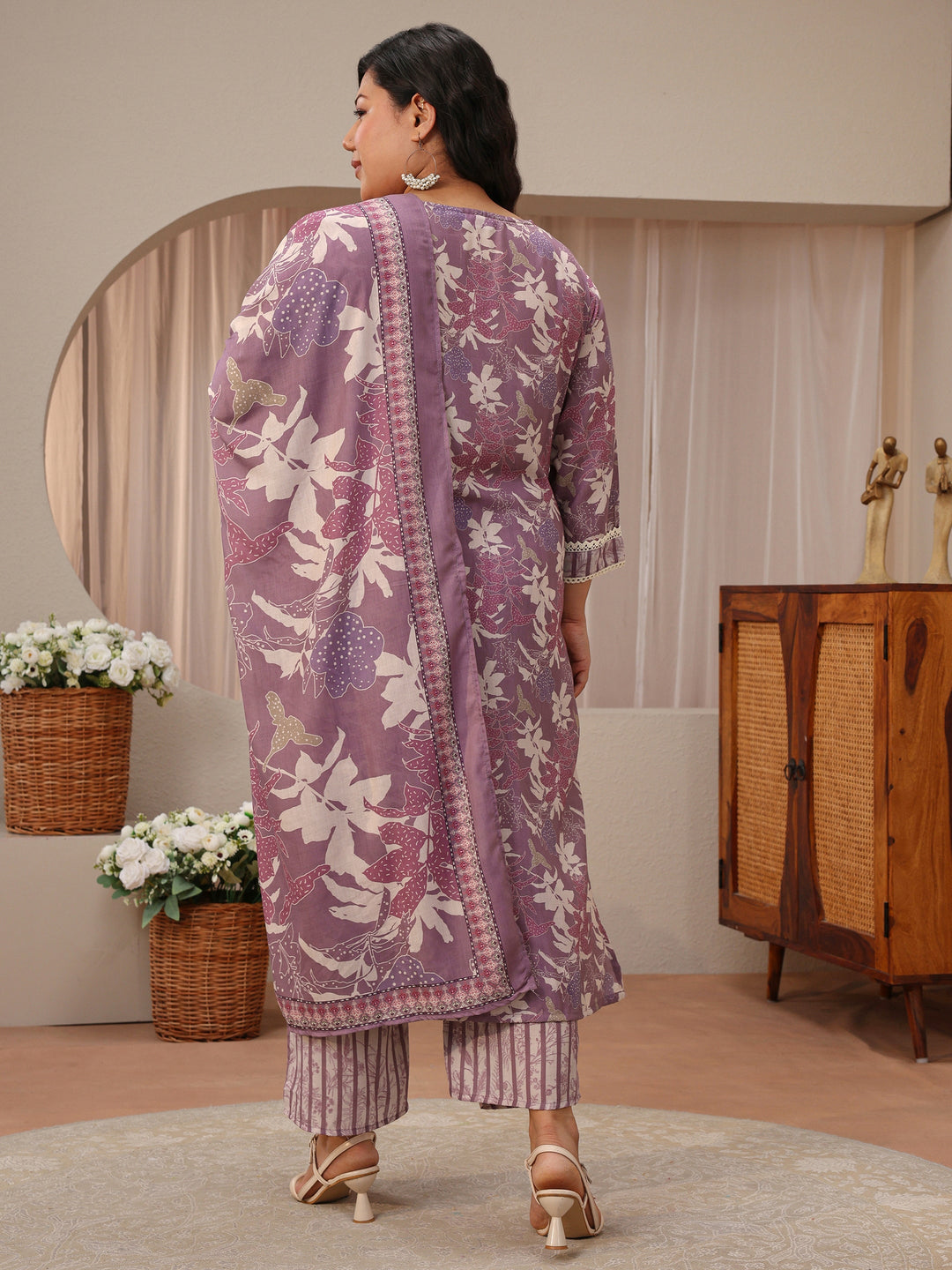  Plus Size Lavender Floral Print Cotton Blend Straight Suit Set 