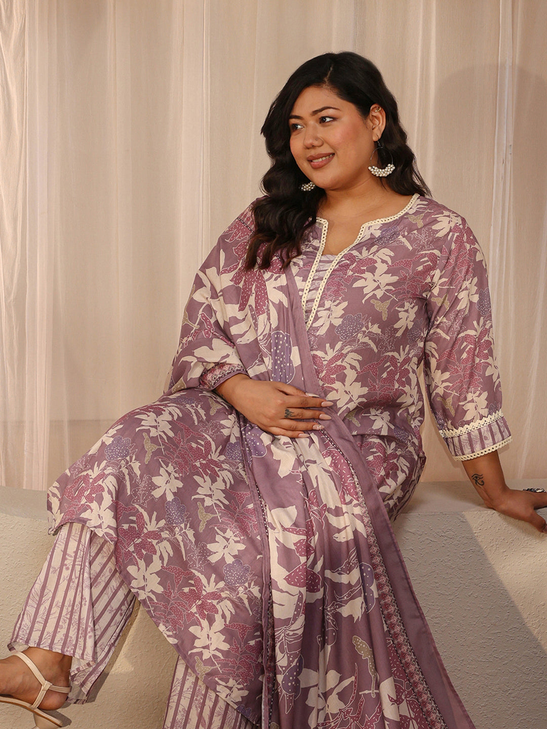  Plus Size Lavender Floral Print Cotton Blend Straight Suit Set 