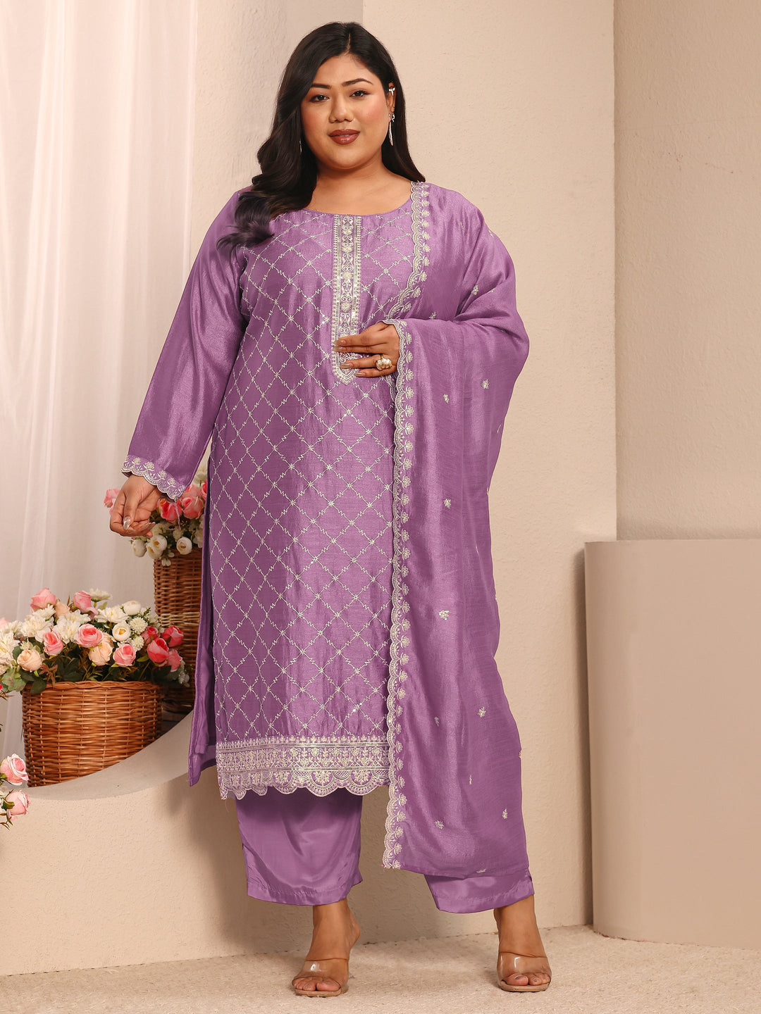  Plus Size Lavender Embroidered Silk Blend Straight Suit Set With Dupatta 