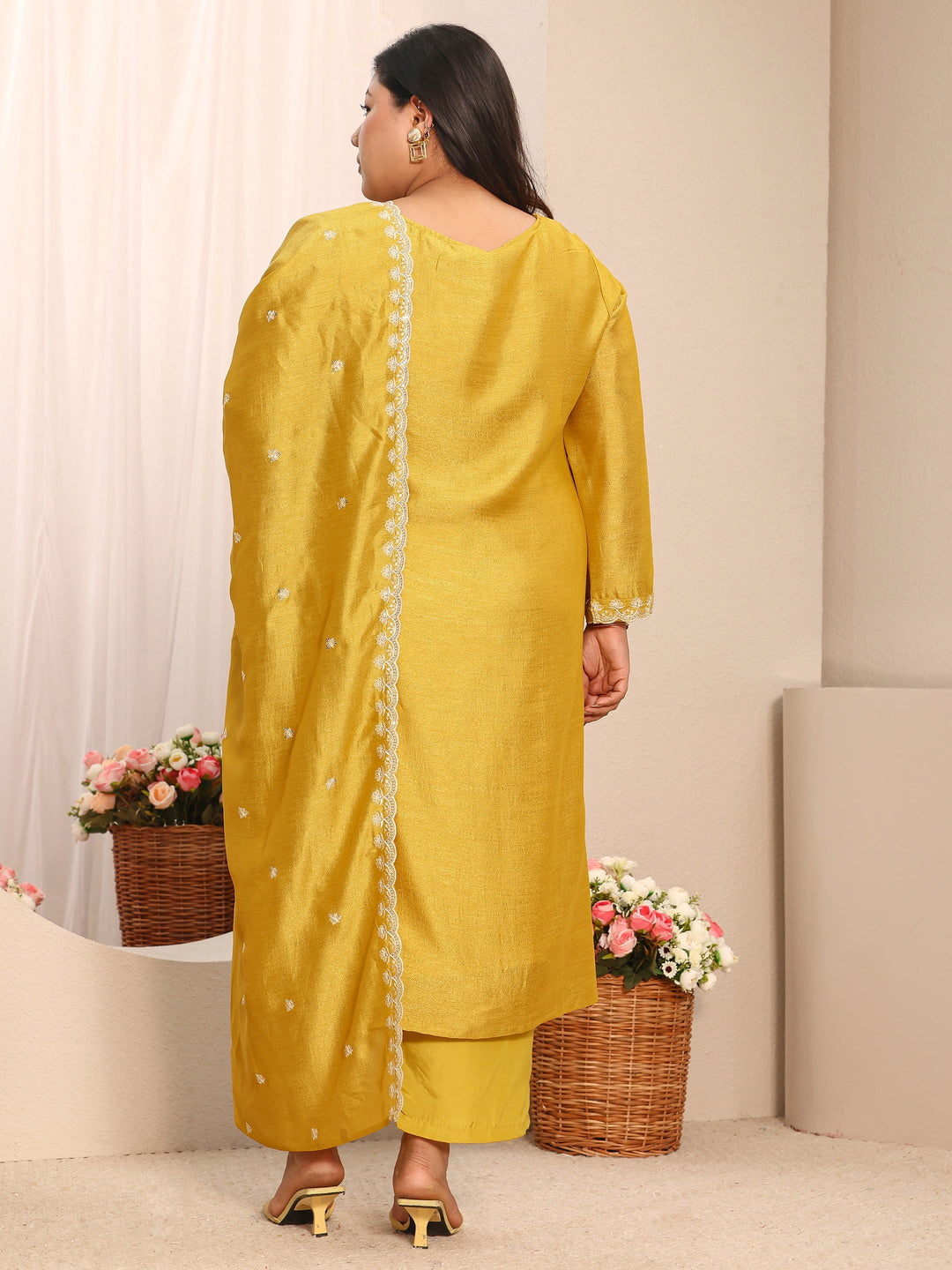 Plus Size Mustard Embroidered Silk Blend Straight Suit Set With Dupatta 